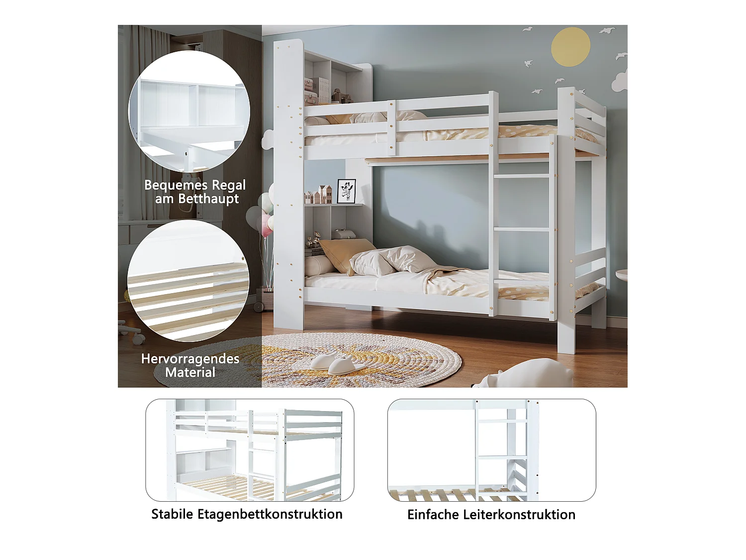 Lit superposé enfant - 2 x 90 x 200 cm - avec étagères de rangements + échelle rectangulaire - MDF - blanc