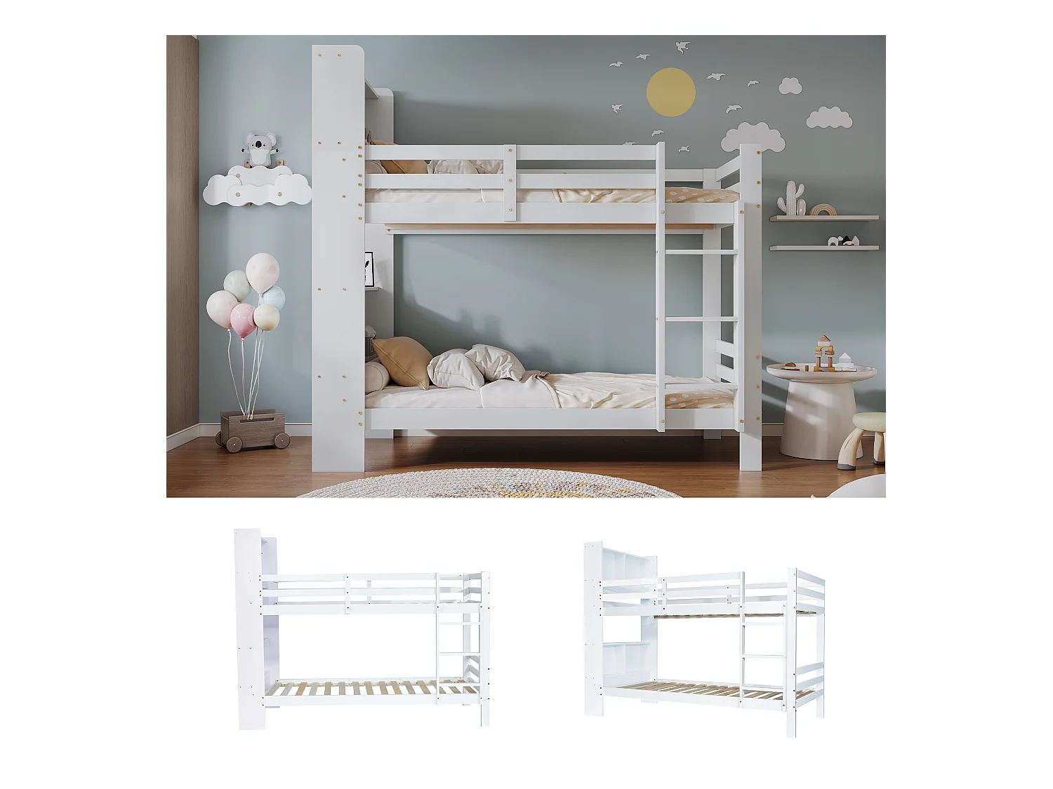 Lit superposé enfant - 2 x 90 x 200 cm - avec étagères de rangements + échelle rectangulaire - MDF - blanc