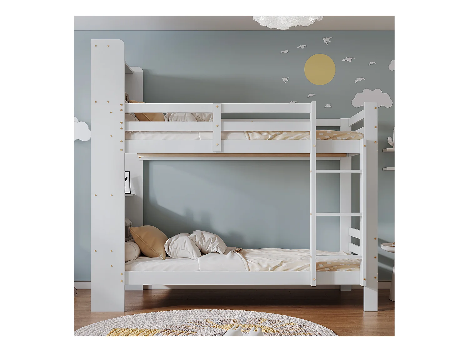 Lit superposé enfant - 2 x 90 x 200 cm - avec étagères de rangements + échelle rectangulaire - MDF - blanc