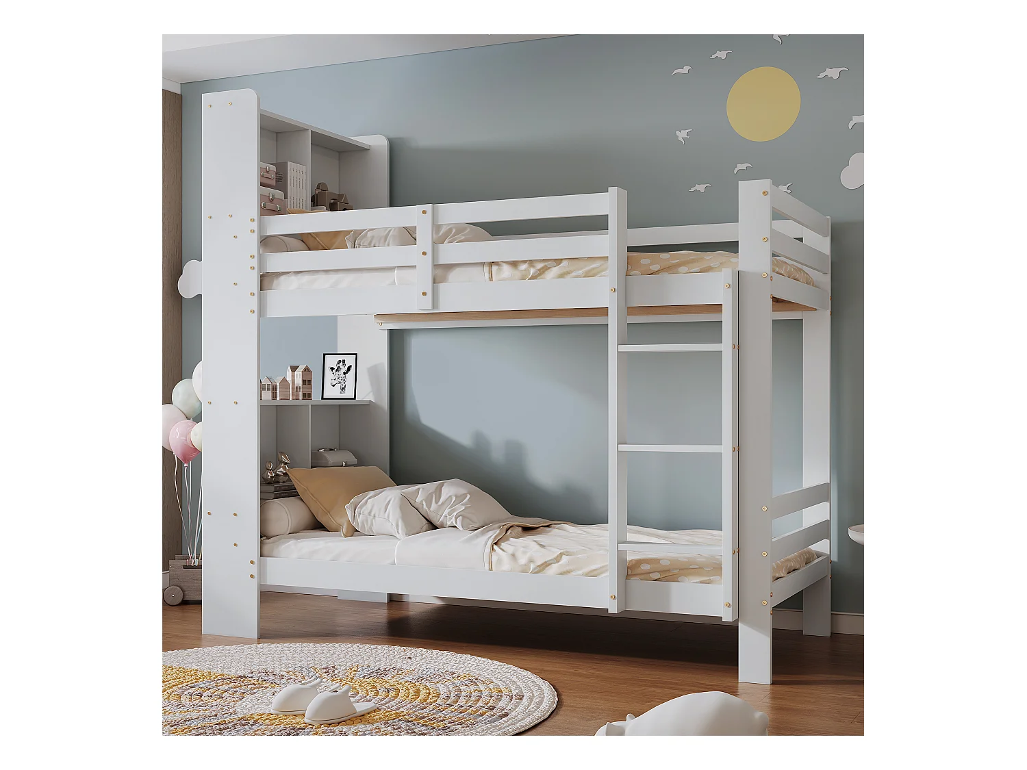 Lit superposé enfant - 2 x 90 x 200 cm - avec étagères de rangements + échelle rectangulaire - MDF - blanc