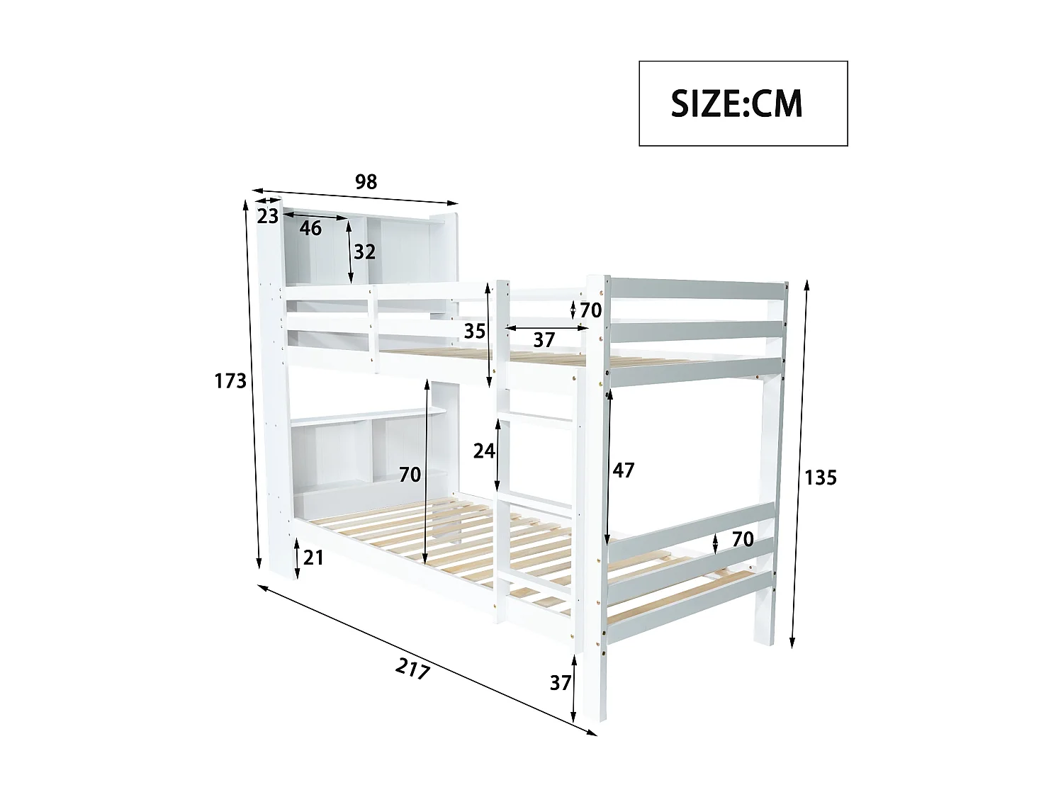 Litera infantil - 2 x 90 x 200 cm - Con estantes de almacenaje + escalera rectangular - MDF - Blanco