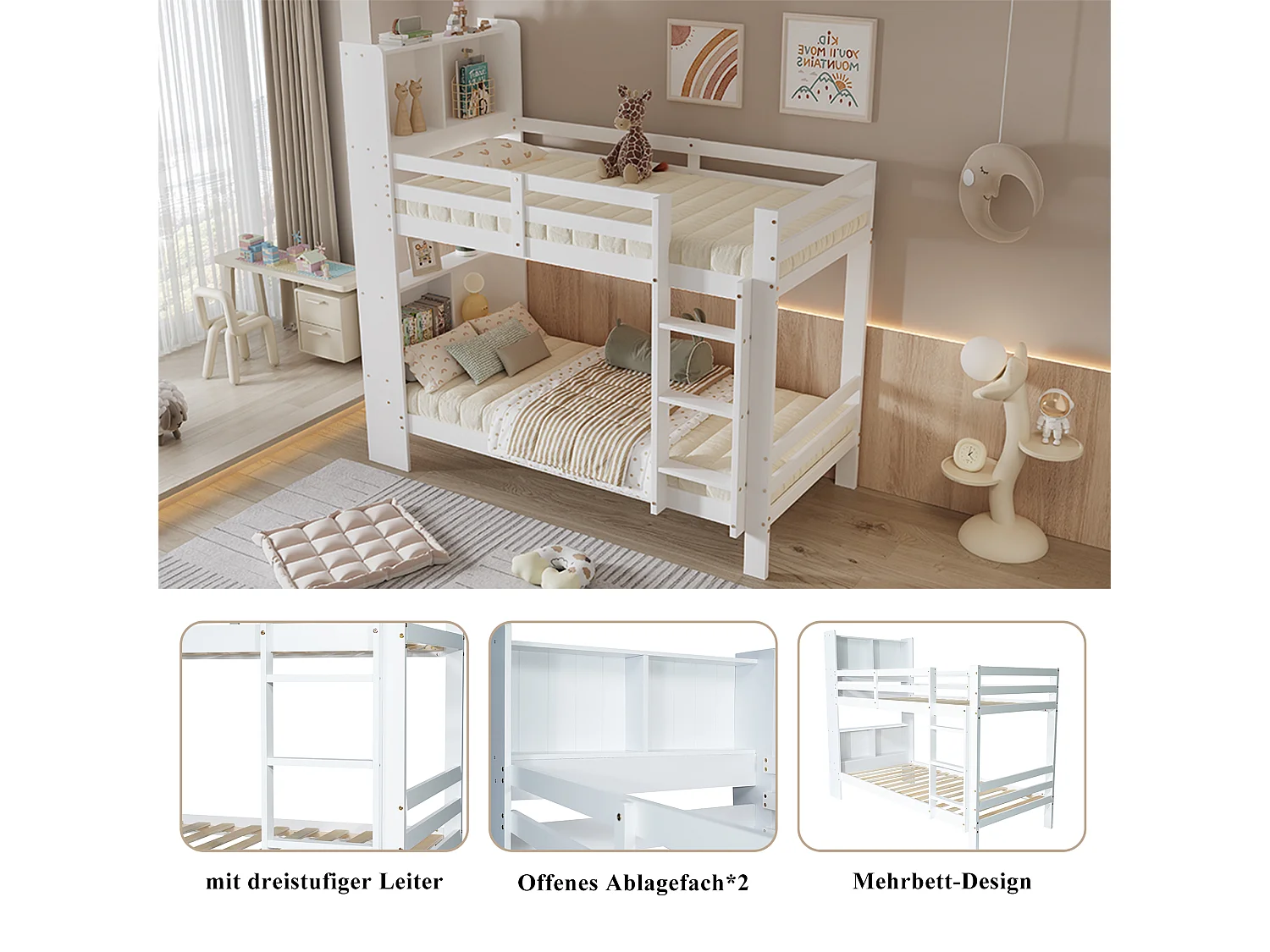 Litera infantil - 2 x 90 x 200 cm - Con estantes de almacenaje + escalera rectangular - MDF - Blanco