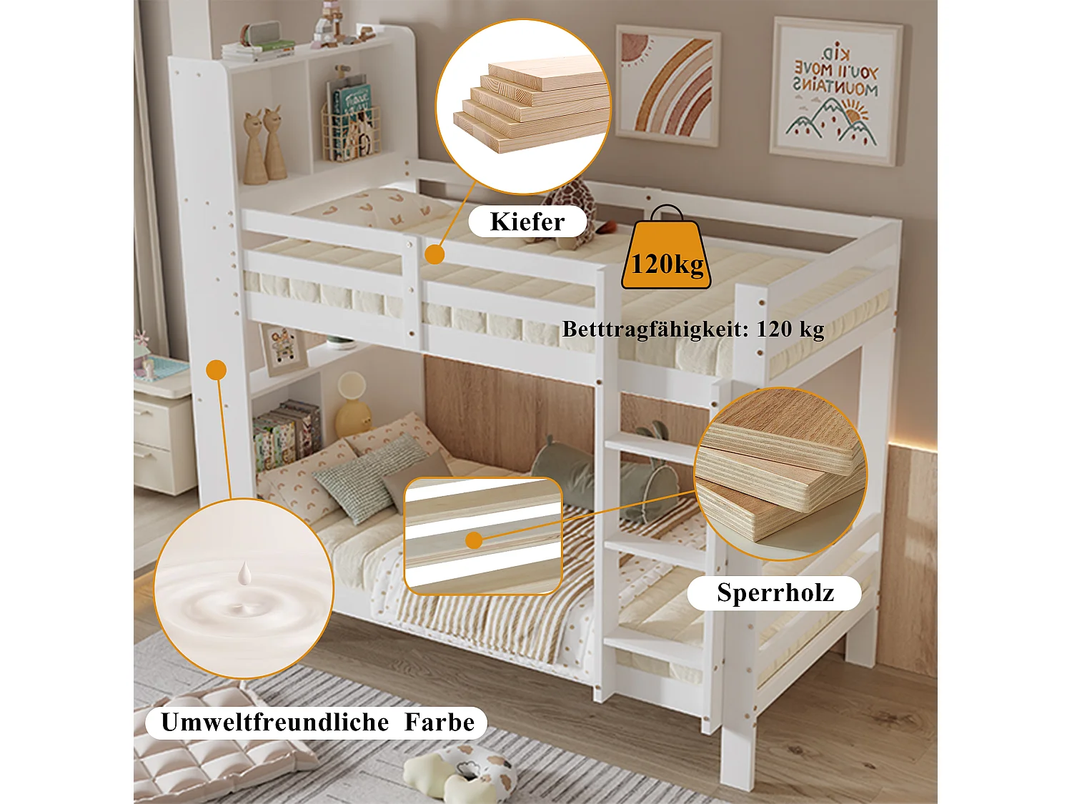 Litera infantil - 2 x 90 x 200 cm - Con estantes de almacenaje + escalera rectangular - MDF - Blanco