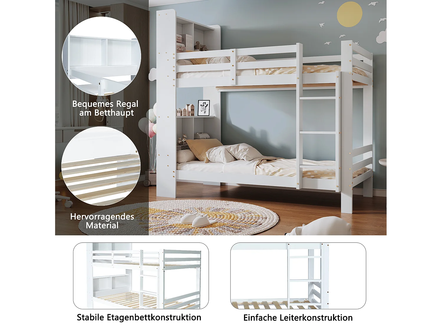 Litera infantil - 2 x 90 x 200 cm - Con estantes de almacenaje + escalera rectangular - MDF - Blanco