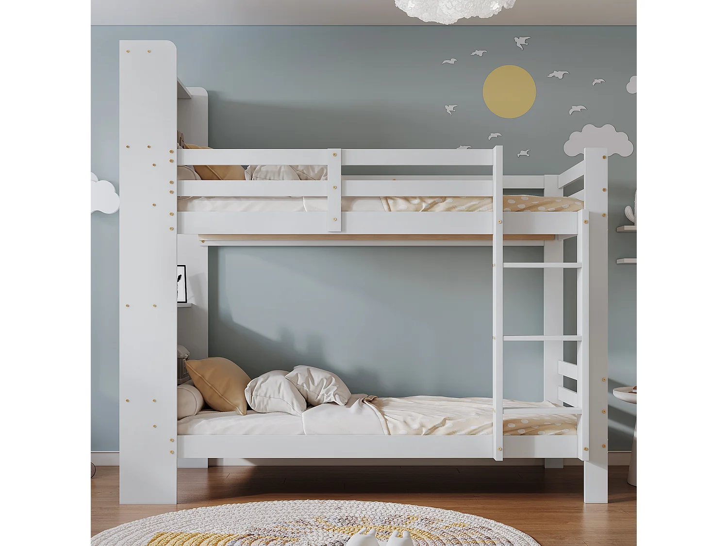 Litera infantil - 2 x 90 x 200 cm - Con estantes de almacenaje + escalera rectangular - MDF - Blanco