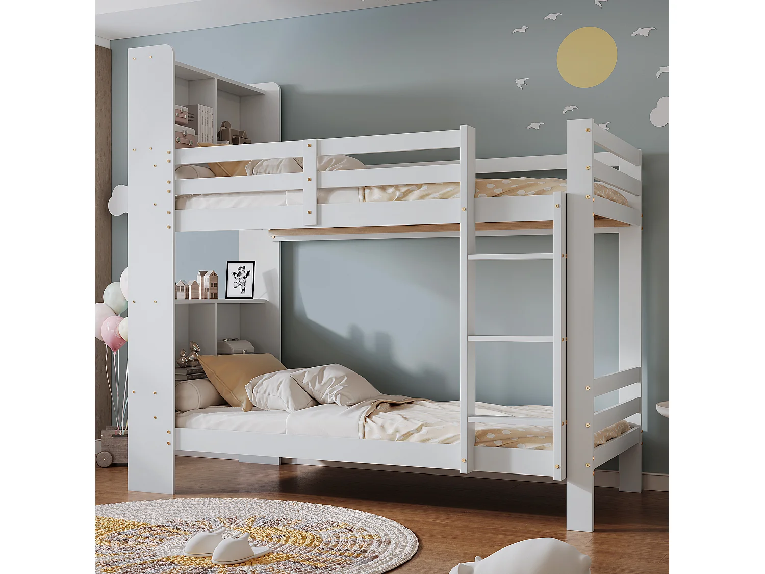 Litera infantil - 2 x 90 x 200 cm - Con estantes de almacenaje + escalera rectangular - MDF - Blanco