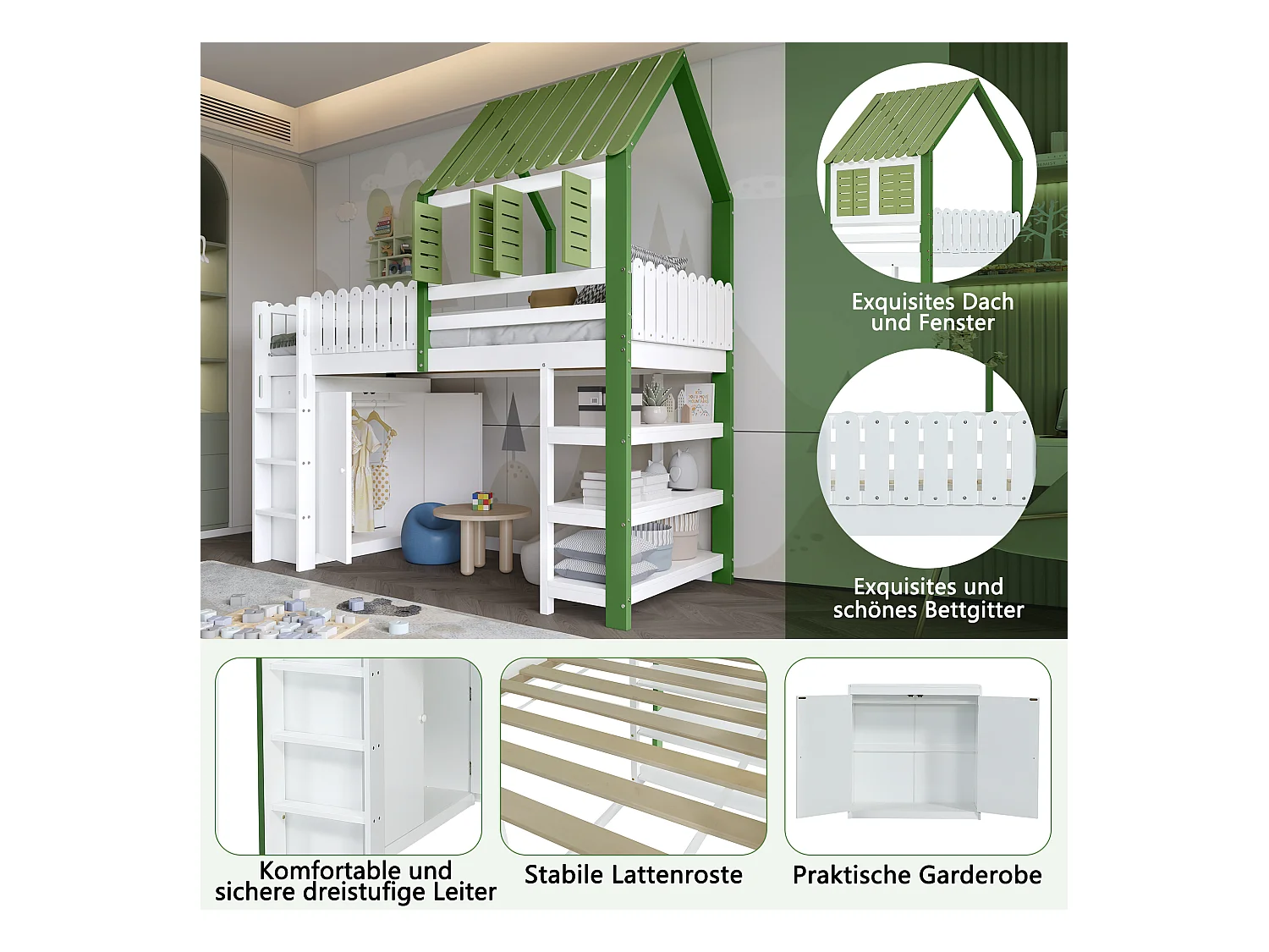 Lit mezzanine enfant - 90 x 200 cm - avec armoire + barrière de sécurité + toit et fenêtre - pin + MDF - blanc + vert