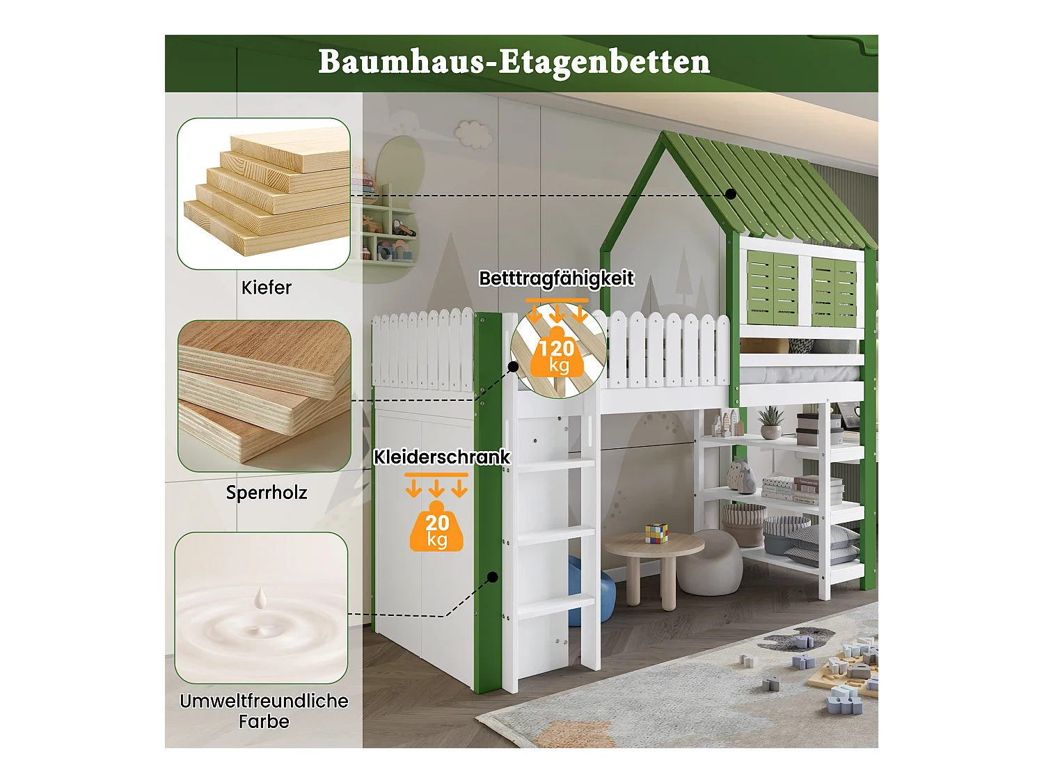 Lit mezzanine enfant - 90 x 200 cm - avec armoire + barrière de sécurité + toit et fenêtre - pin + MDF - blanc + vert