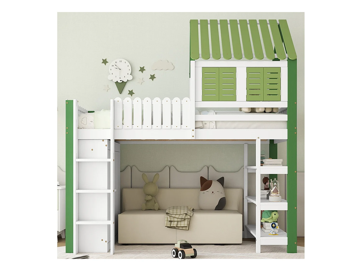 Lit mezzanine enfant - 90 x 200 cm - avec armoire + barrière de sécurité + toit et fenêtre - pin + MDF - blanc + vert