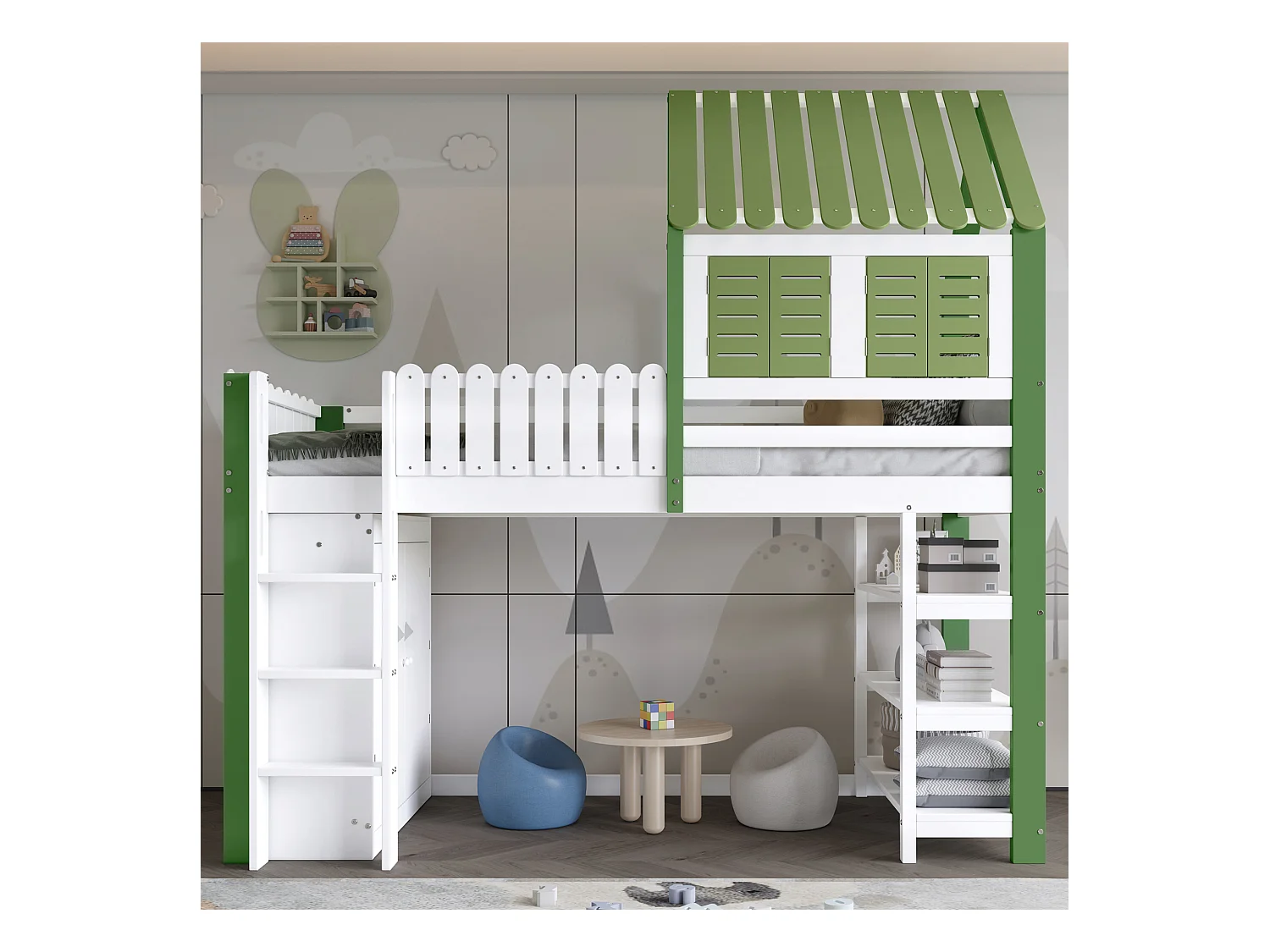 Lit mezzanine enfant - 90 x 200 cm - avec armoire + barrière de sécurité + toit et fenêtre - pin + MDF - blanc + vert