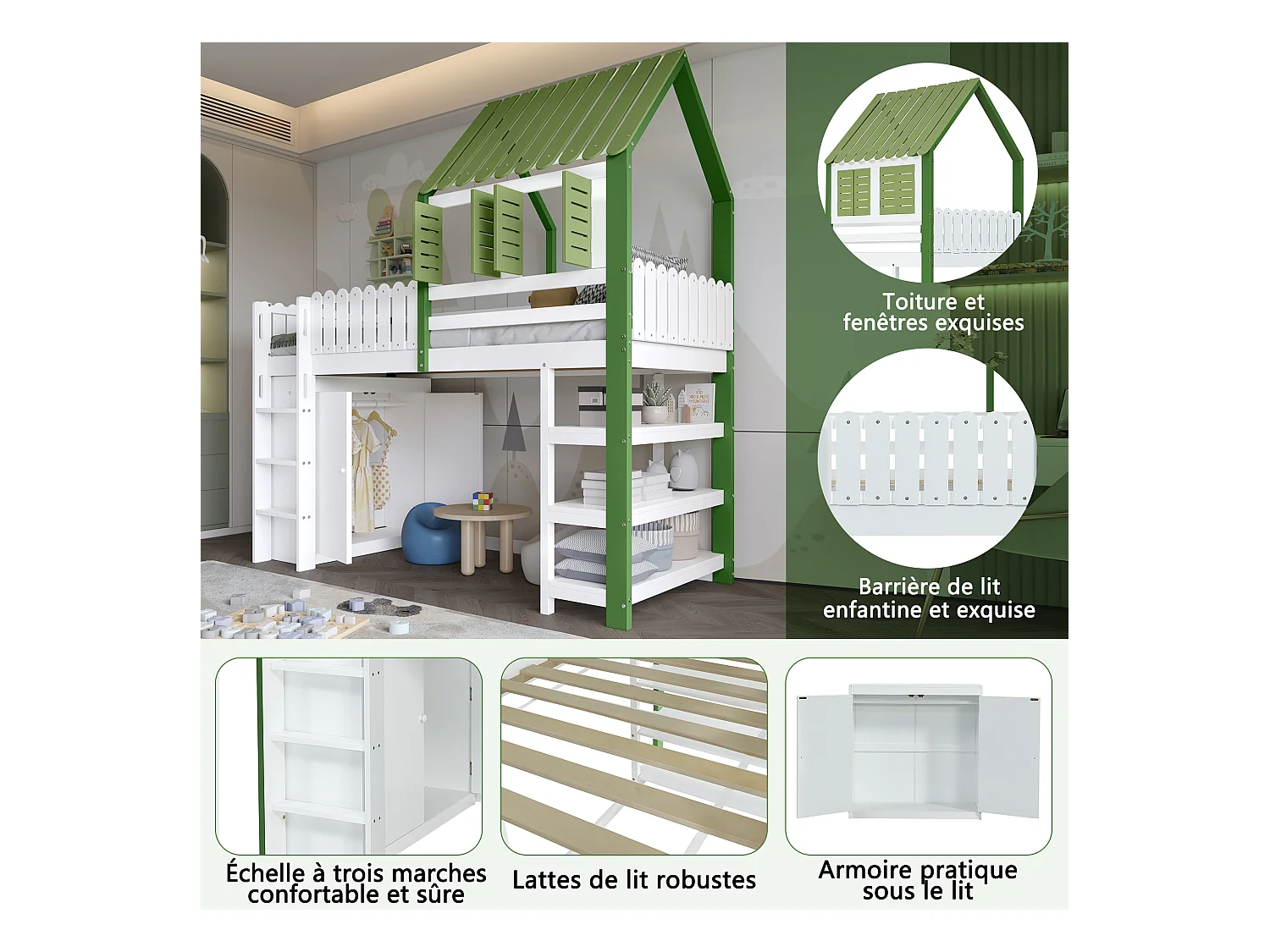 Lit mezzanine enfant - 90 x 200 cm - avec armoire + barrière de sécurité + toit et fenêtre - pin + MDF - blanc + vert