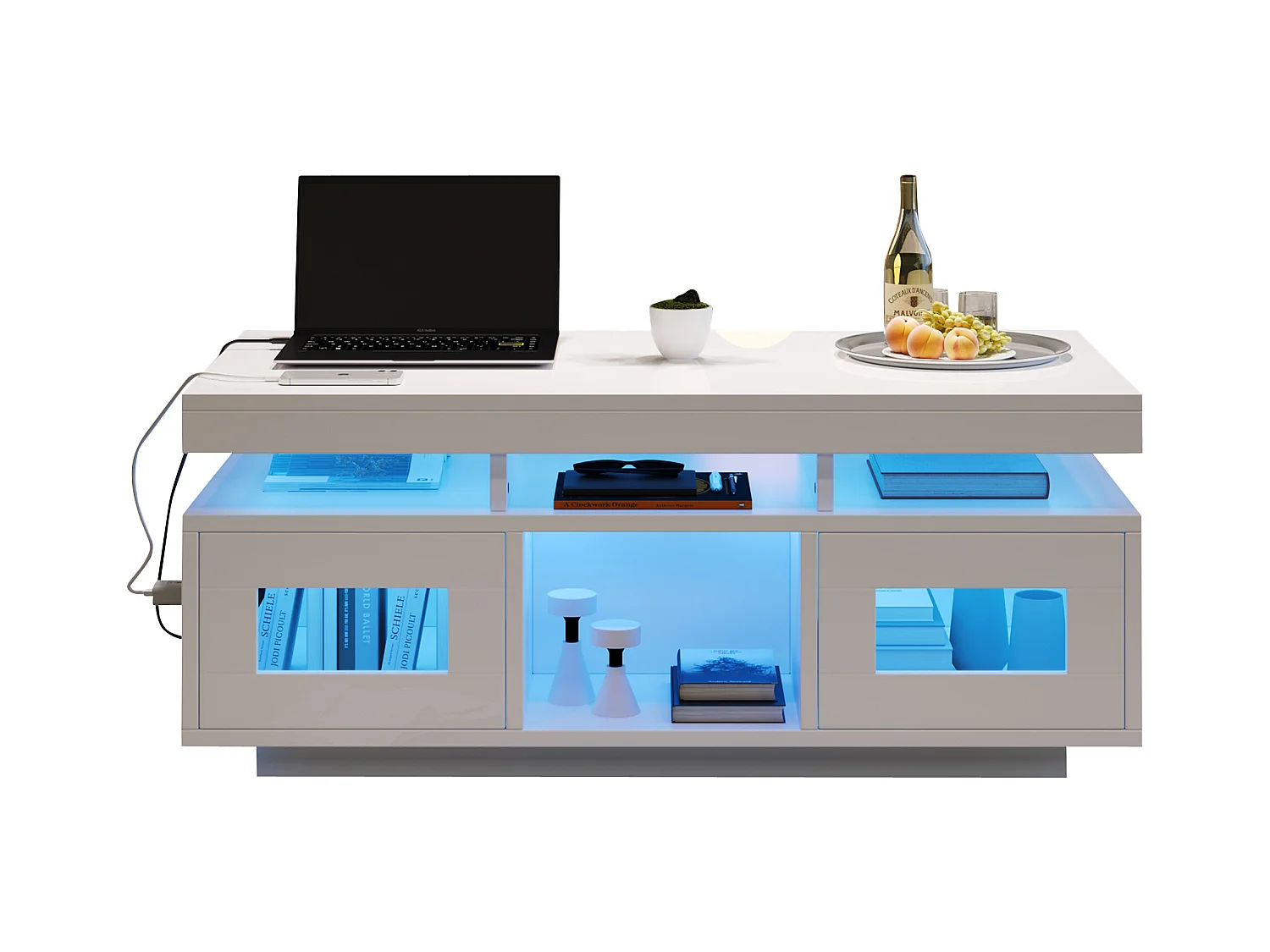 Couchtisch glänzend - 100 x 50 x 43 cm - mit LEDs + 2 Türen + Ladeanschluss und Steckdose - Spanplatte - weiß