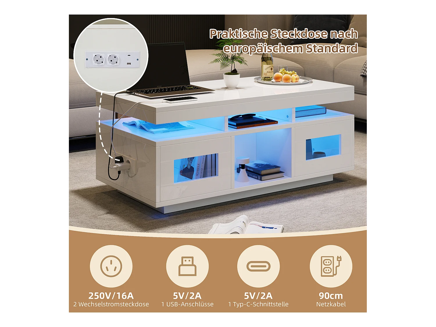 Couchtisch glänzend - 100 x 50 x 43 cm - mit LEDs + 2 Türen + Ladeanschluss und Steckdose - Spanplatte - weiß