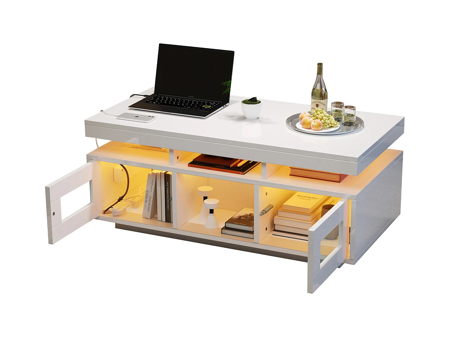 Couchtisch glänzend - 100 x 50 x 43 cm - mit LEDs + 2 Türen + Ladeanschluss und Steckdose - Spanplatte - weiß