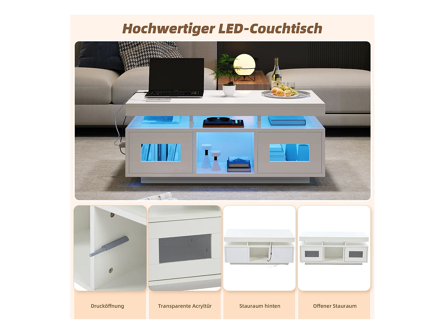 Couchtisch glänzend - 100 x 50 x 43 cm - mit LEDs + 2 Türen + Ladeanschluss und Steckdose - Spanplatte - weiß