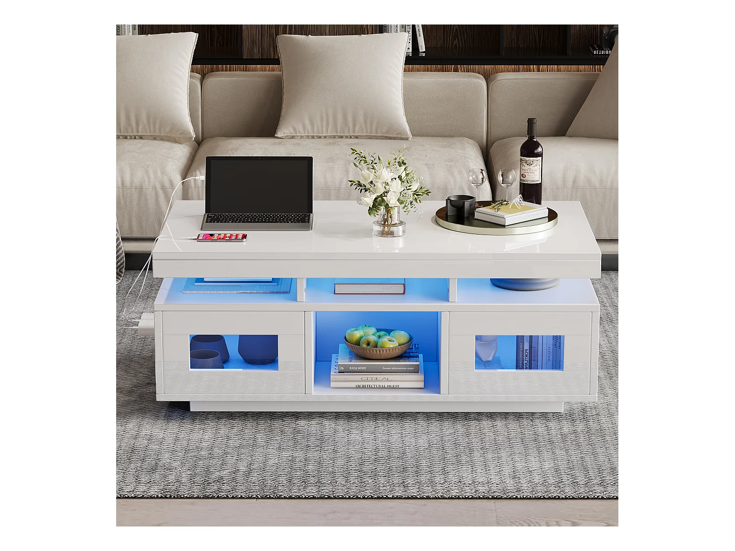 Couchtisch glänzend - 100 x 50 x 43 cm - mit LEDs + 2 Türen + Ladeanschluss und Steckdose - Spanplatte - weiß