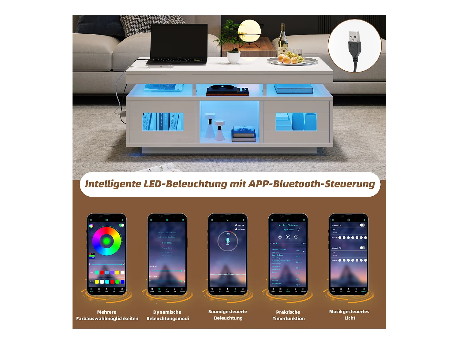 Couchtisch glänzend - 100 x 50 x 43 cm - mit LEDs + 2 Türen + Ladeanschluss und Steckdose - Spanplatte - weiß
