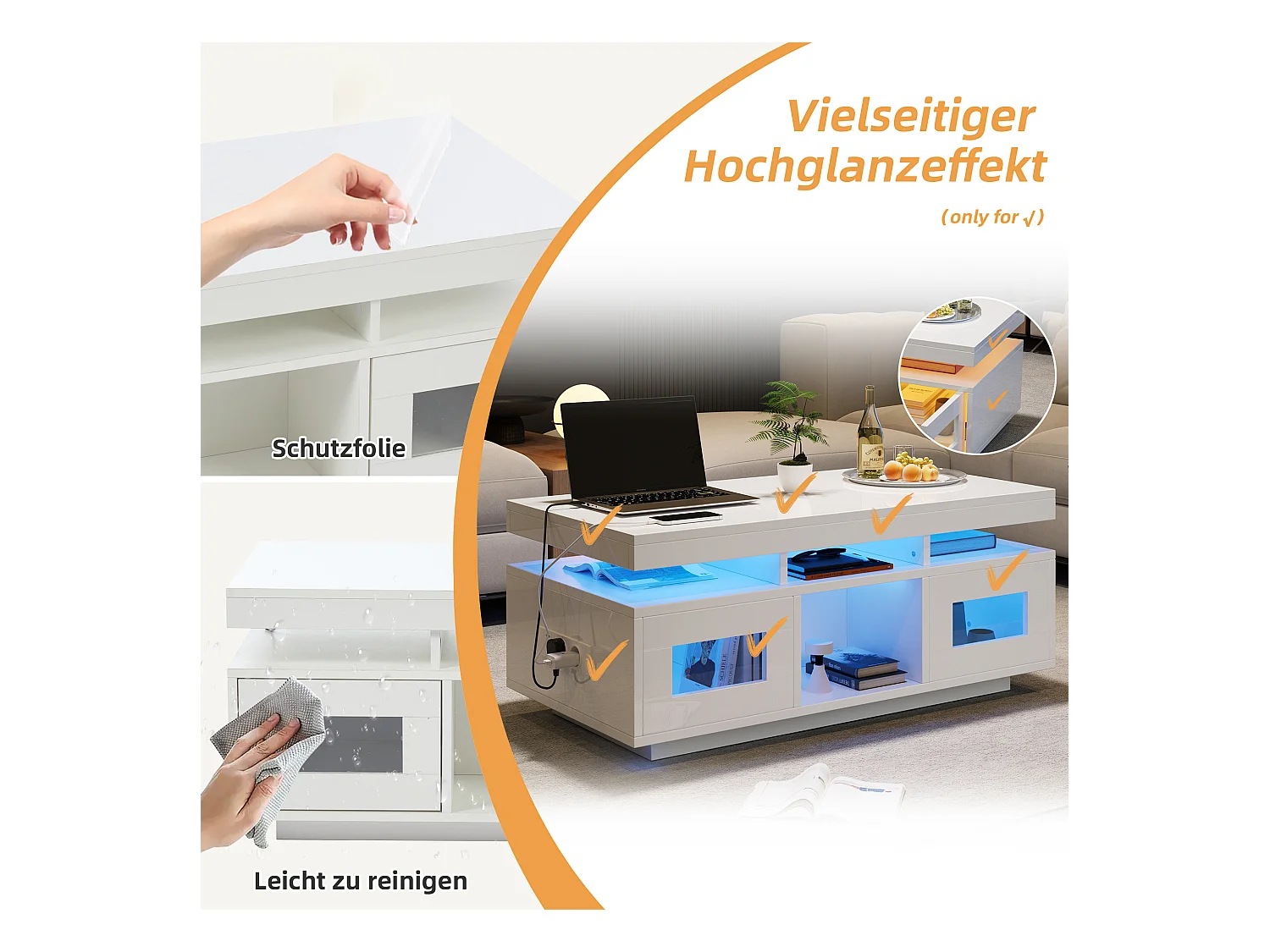 Couchtisch glänzend - 100 x 50 x 43 cm - mit LEDs + 2 Türen + Ladeanschluss und Steckdose - Spanplatte - weiß