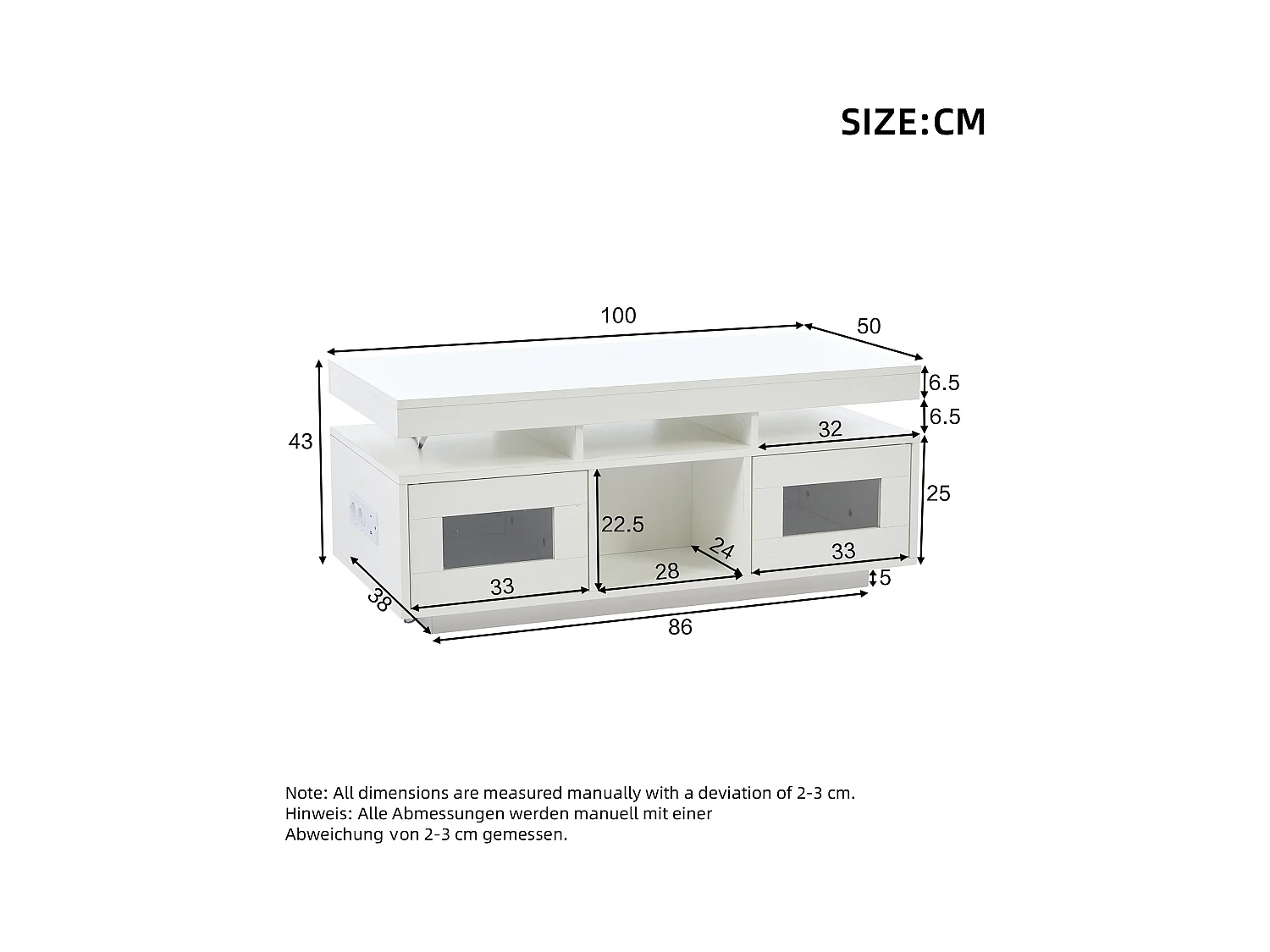 Couchtisch glänzend - 100 x 50 x 43 cm - mit LEDs + 2 Türen + Ladeanschluss und Steckdose - Spanplatte - weiß