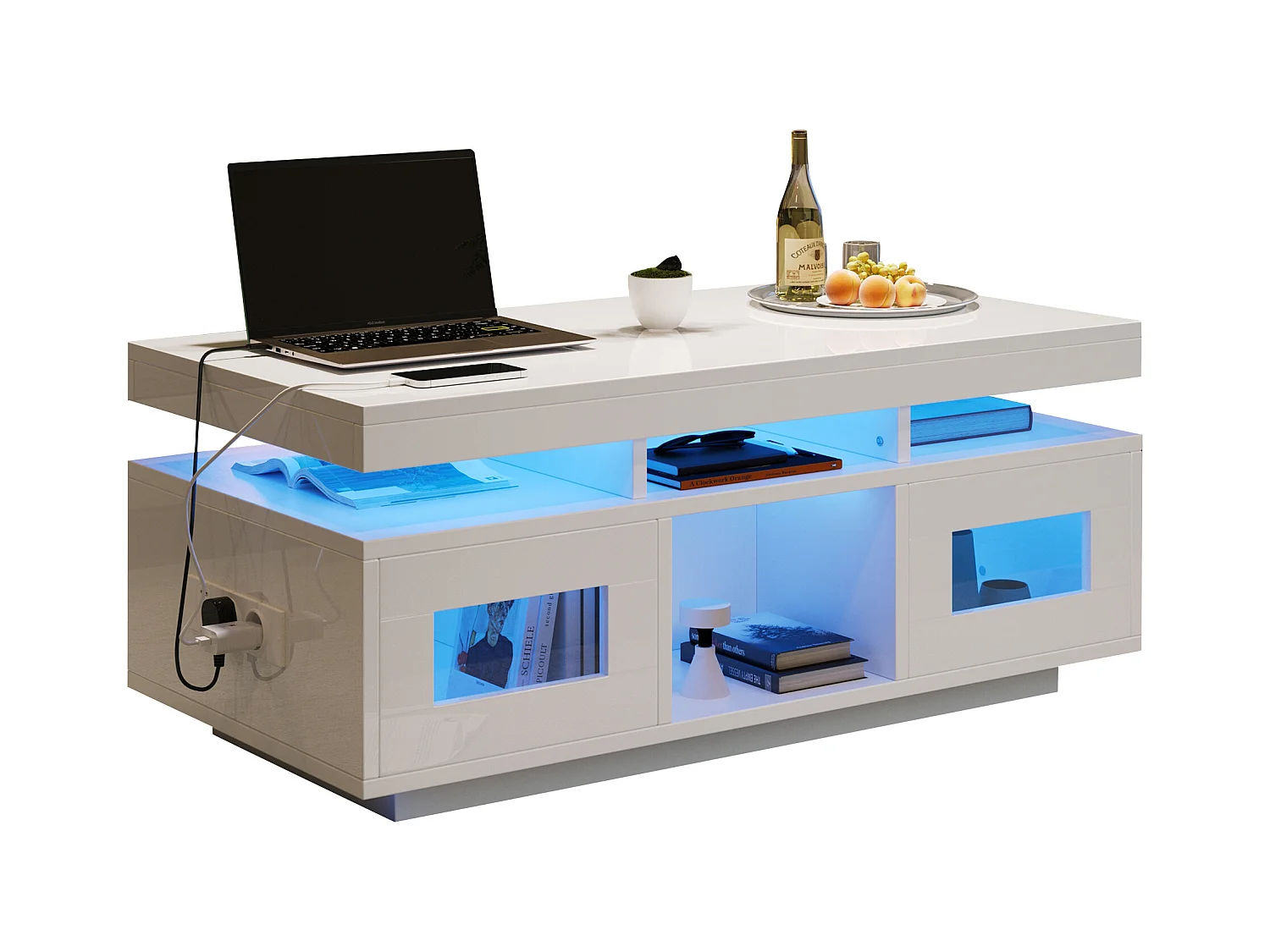 Couchtisch glänzend - 100 x 50 x 43 cm - mit LEDs + 2 Türen + Ladeanschluss und Steckdose - Spanplatte - weiß