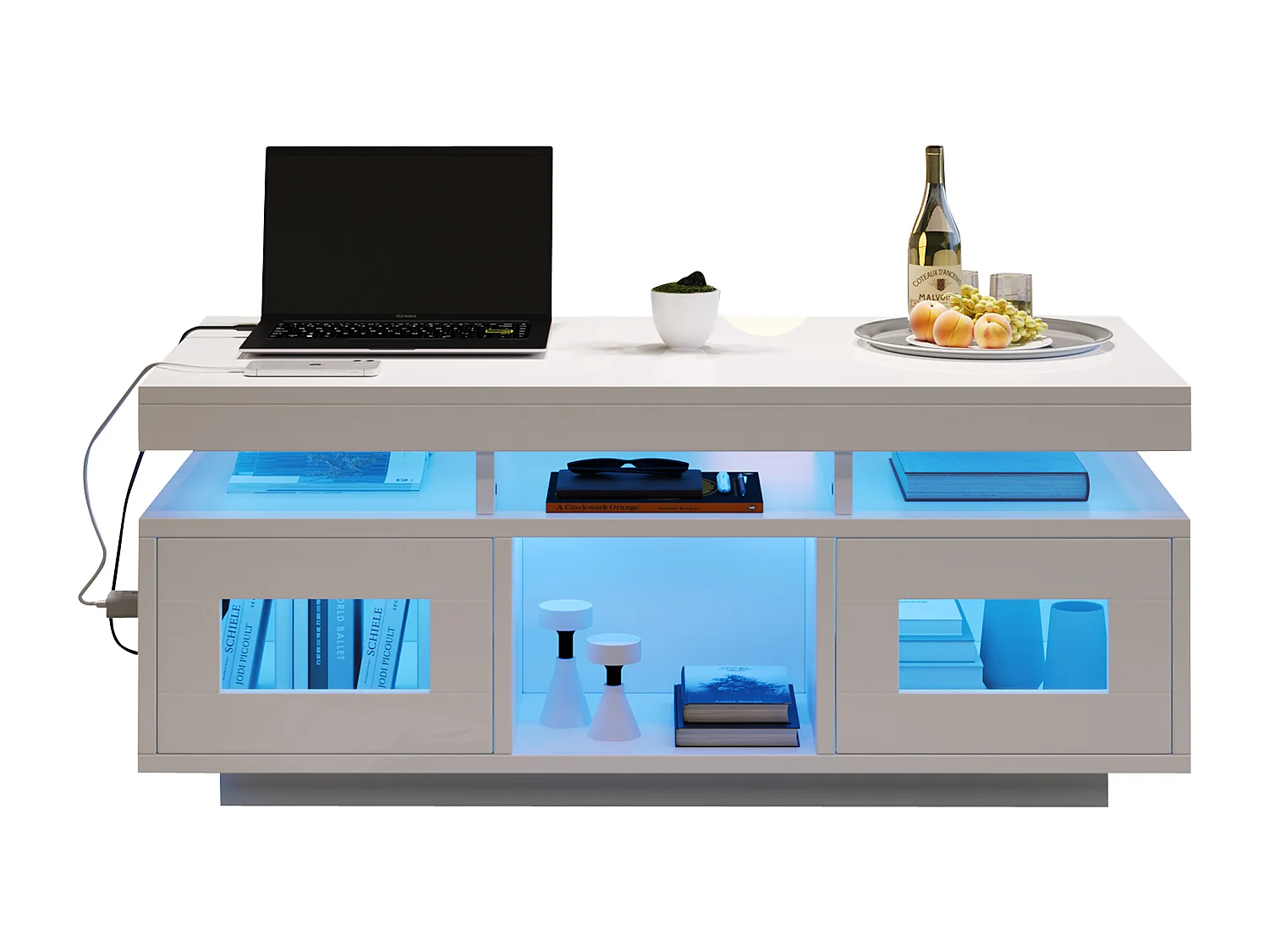 Stolik kawowy błyszczący - 100 x 50 x 43 cm - z diodami LED + 2 drzwi + port ładowania i gniazdo - płyta wiórowa - biały