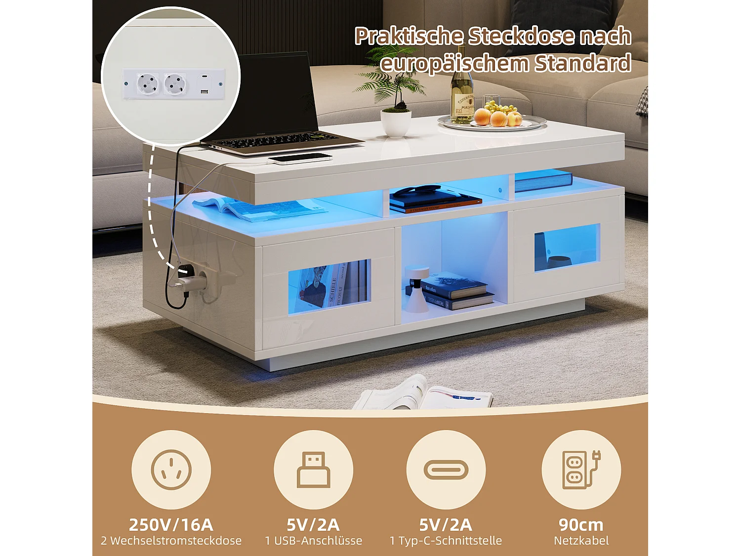 Stolik kawowy błyszczący - 100 x 50 x 43 cm - z diodami LED + 2 drzwi + port ładowania i gniazdo - płyta wiórowa - biały