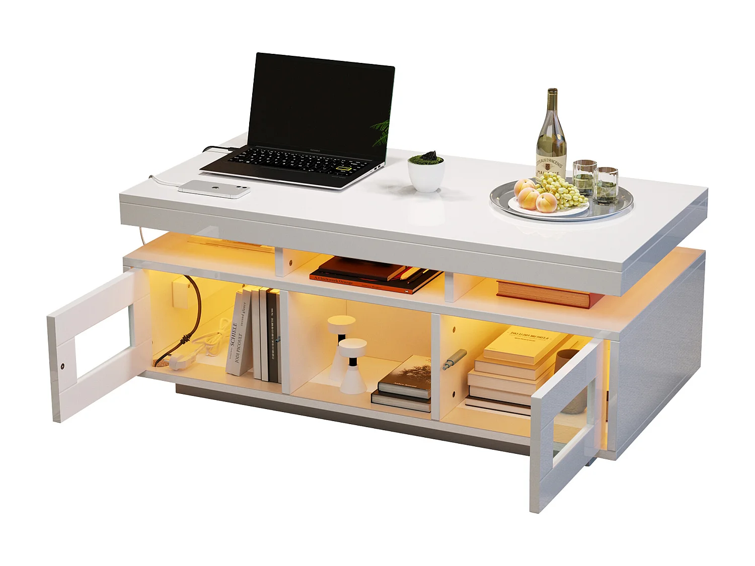 Stolik kawowy błyszczący - 100 x 50 x 43 cm - z diodami LED + 2 drzwi + port ładowania i gniazdo - płyta wiórowa - biały