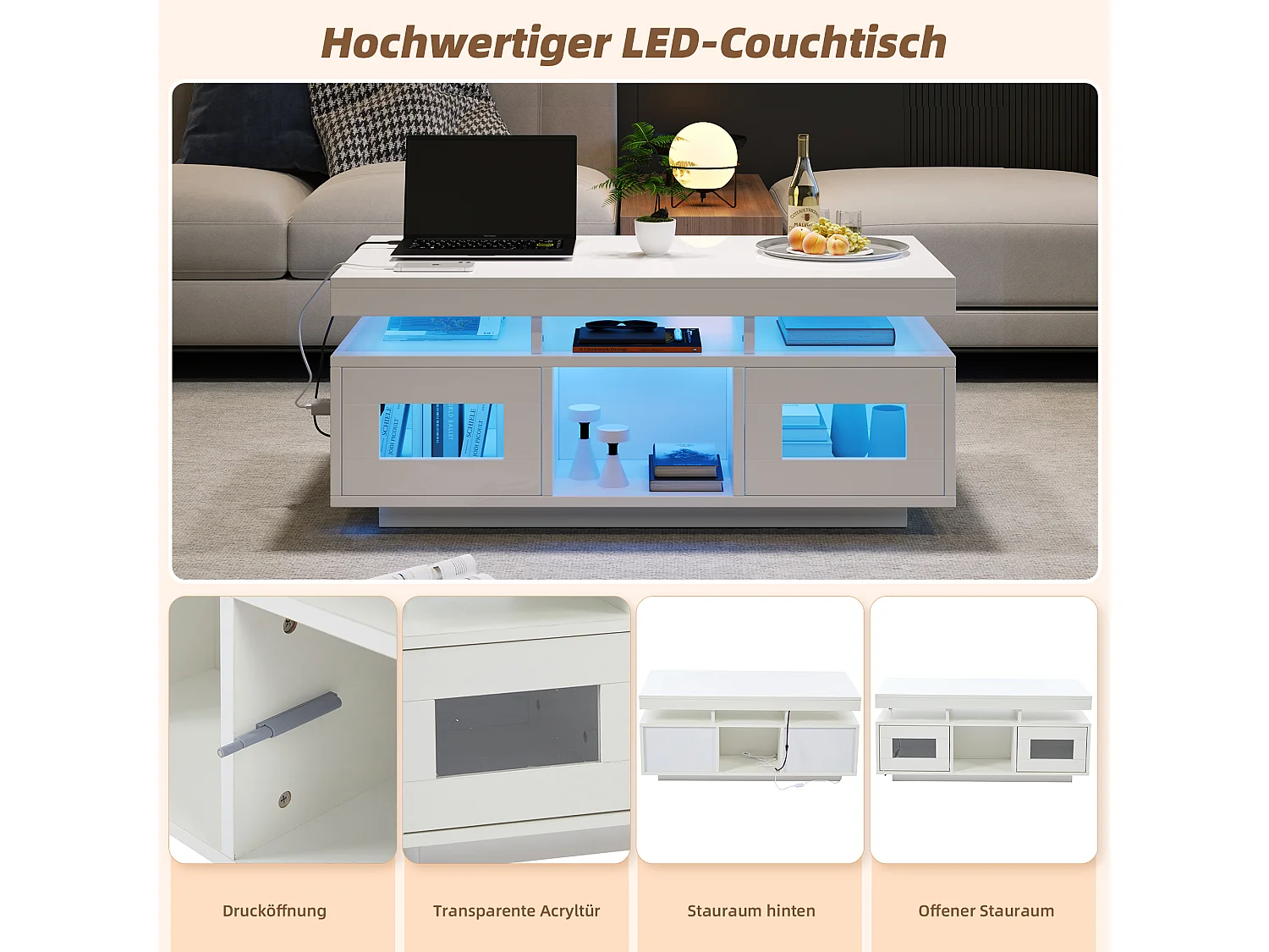 Stolik kawowy błyszczący - 100 x 50 x 43 cm - z diodami LED + 2 drzwi + port ładowania i gniazdo - płyta wiórowa - biały