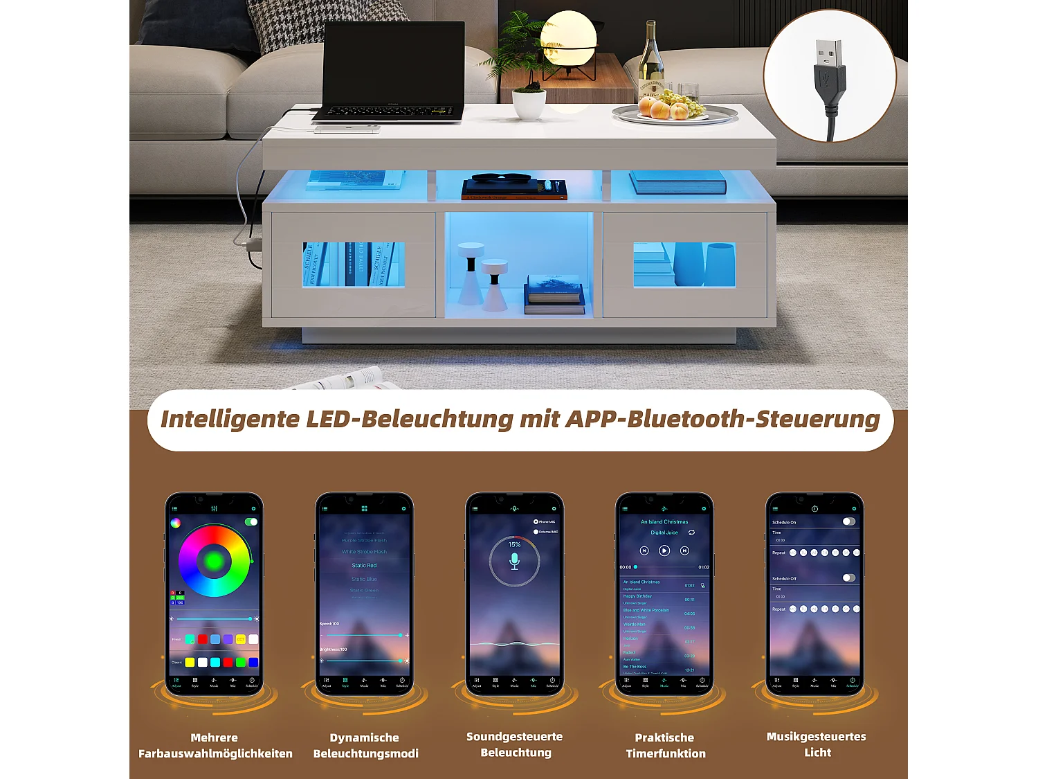 Stolik kawowy błyszczący - 100 x 50 x 43 cm - z diodami LED + 2 drzwi + port ładowania i gniazdo - płyta wiórowa - biały