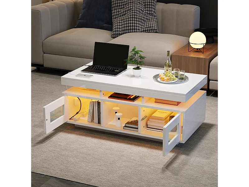 Table basse brillante - 100 x 50 x 43 cm - avec Leds + 2 portes + port de charge et prise - aggloméré - blanc