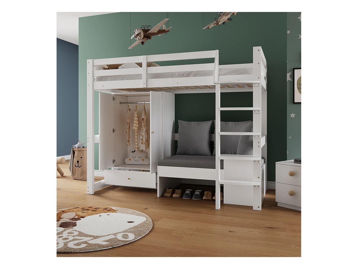 Lit mezzanine enfant - 90 x 200 cm - avec armoire + canapé + 3 oreillers et coussins - rangement - bois massif - blanc