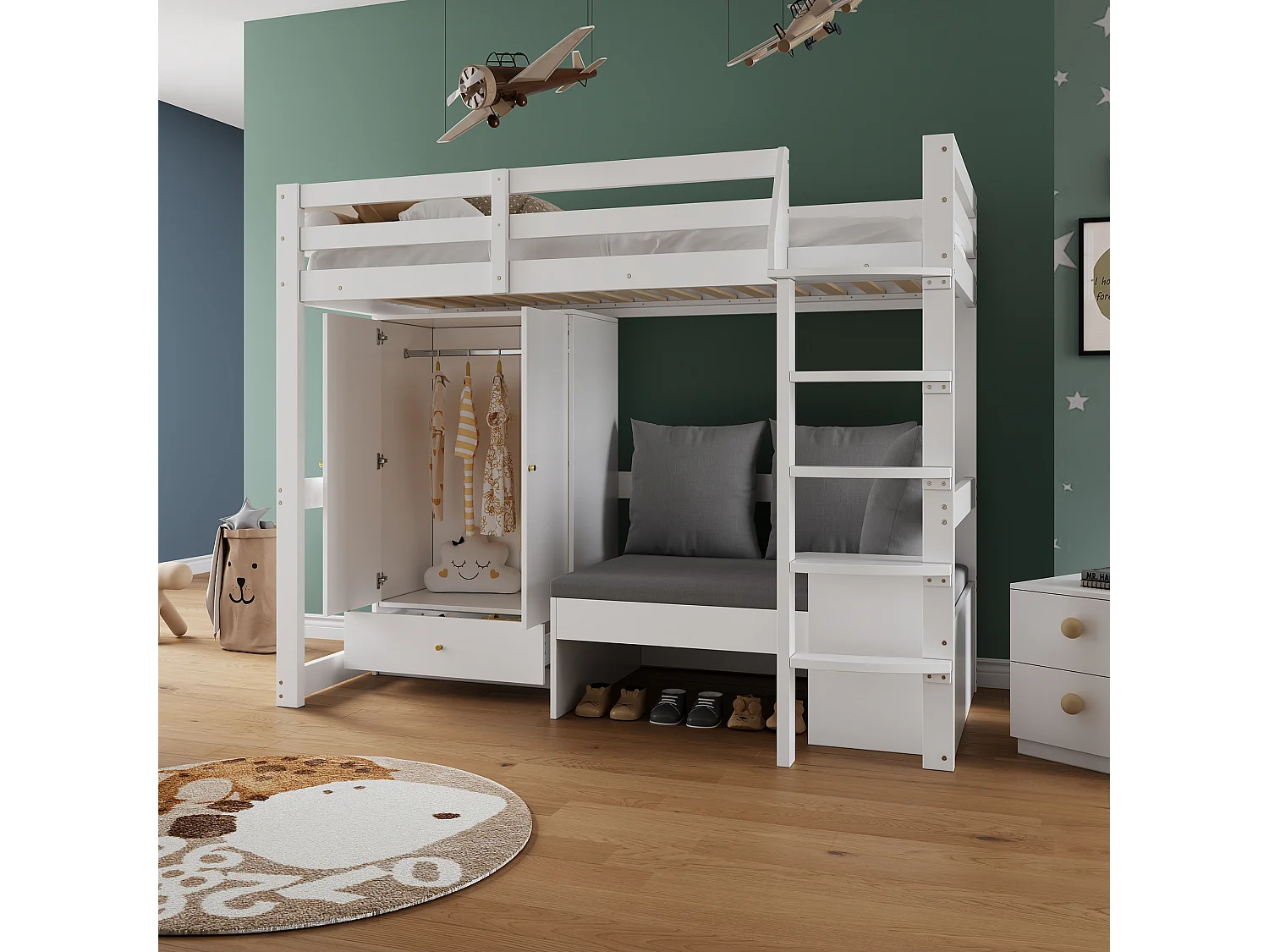 Lit mezzanine enfant - 90 x 200 cm - avec armoire + canapé + 3 oreillers et coussins - rangement - bois massif - blanc