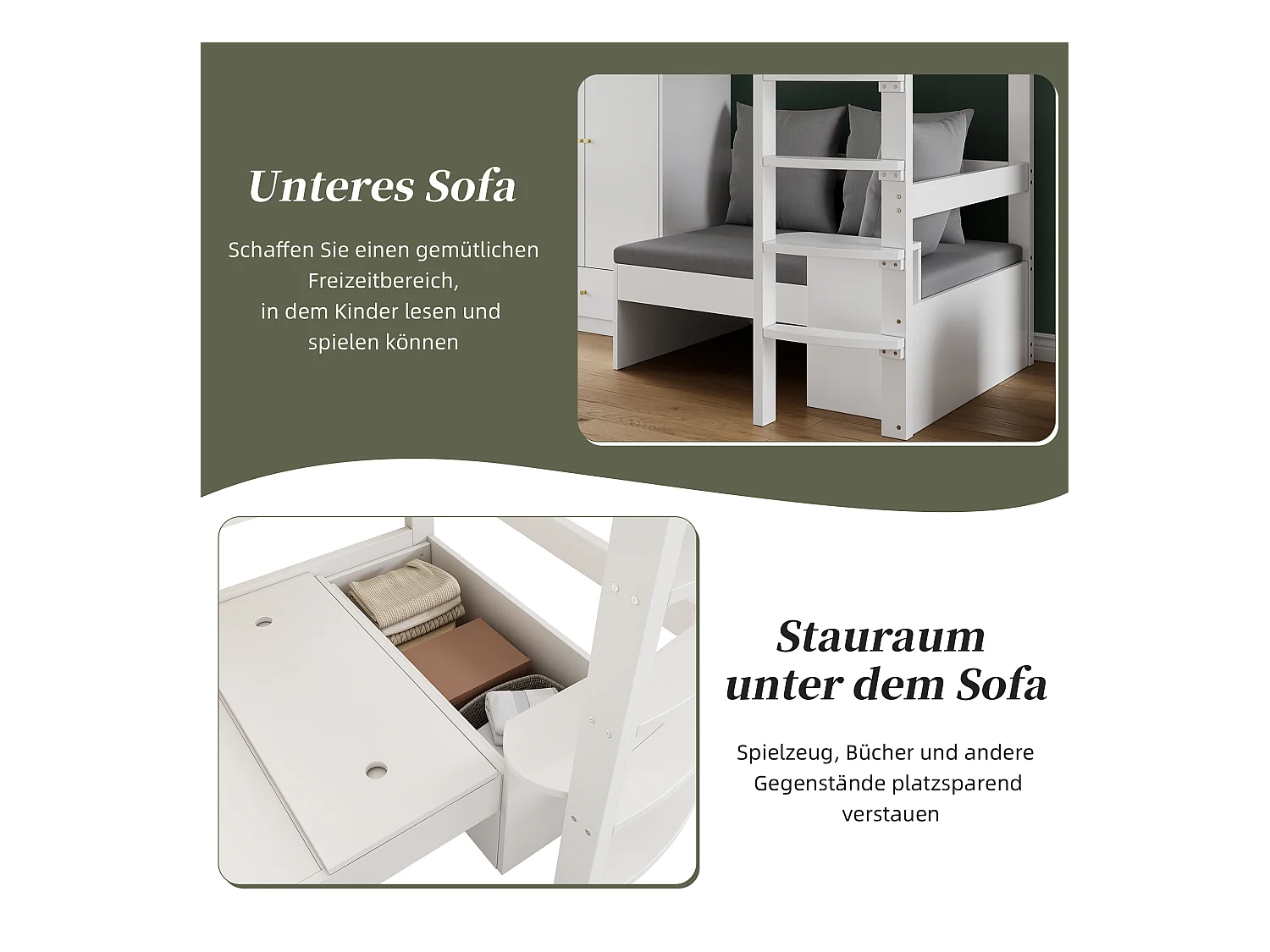 Lit mezzanine enfant - 90 x 200 cm - avec armoire + canapé + 3 oreillers et coussins - rangement - bois massif - blanc