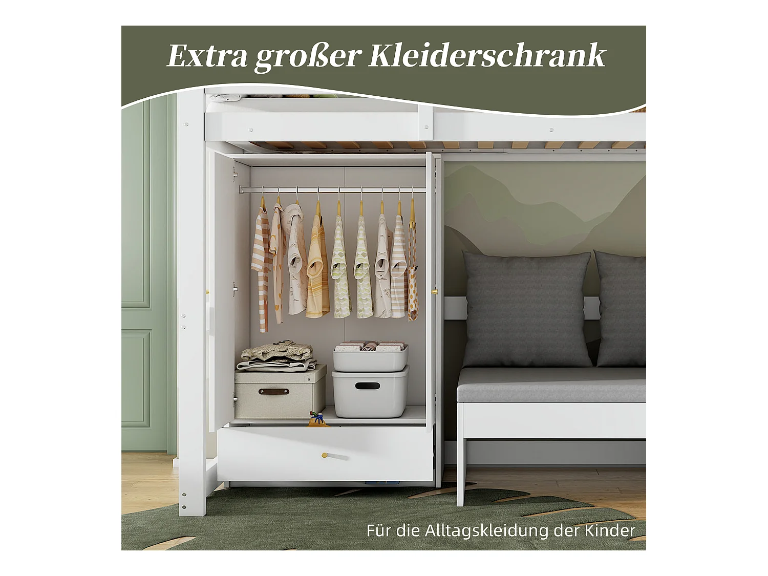 Lit mezzanine enfant - 90 x 200 cm - avec armoire + canapé + 3 oreillers et coussins - rangement - bois massif - blanc