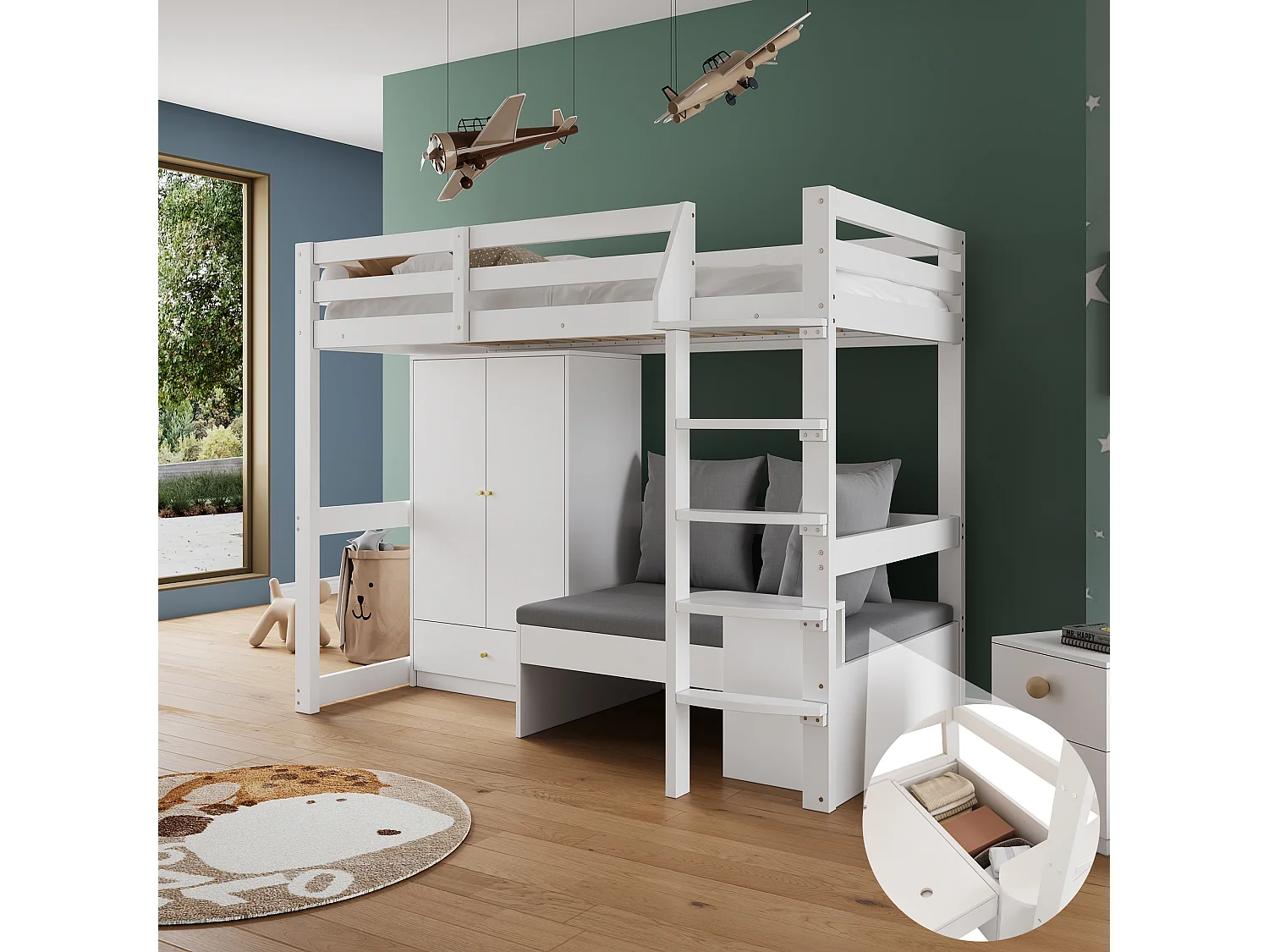 Cama alta infantil - 90 x 200 cm - com guarda-roupa + sofá + 3 almofadas e travesseiros - arrumação - madeira maciça - branco