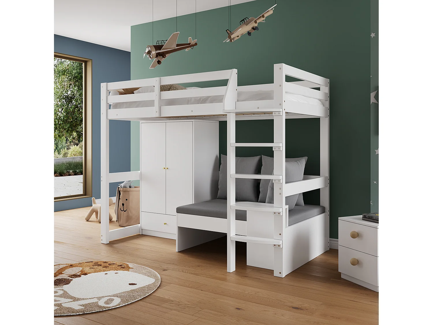 Cama alta infantil - 90 x 200 cm - com guarda-roupa + sofá + 3 almofadas e travesseiros - arrumação - madeira maciça - branco