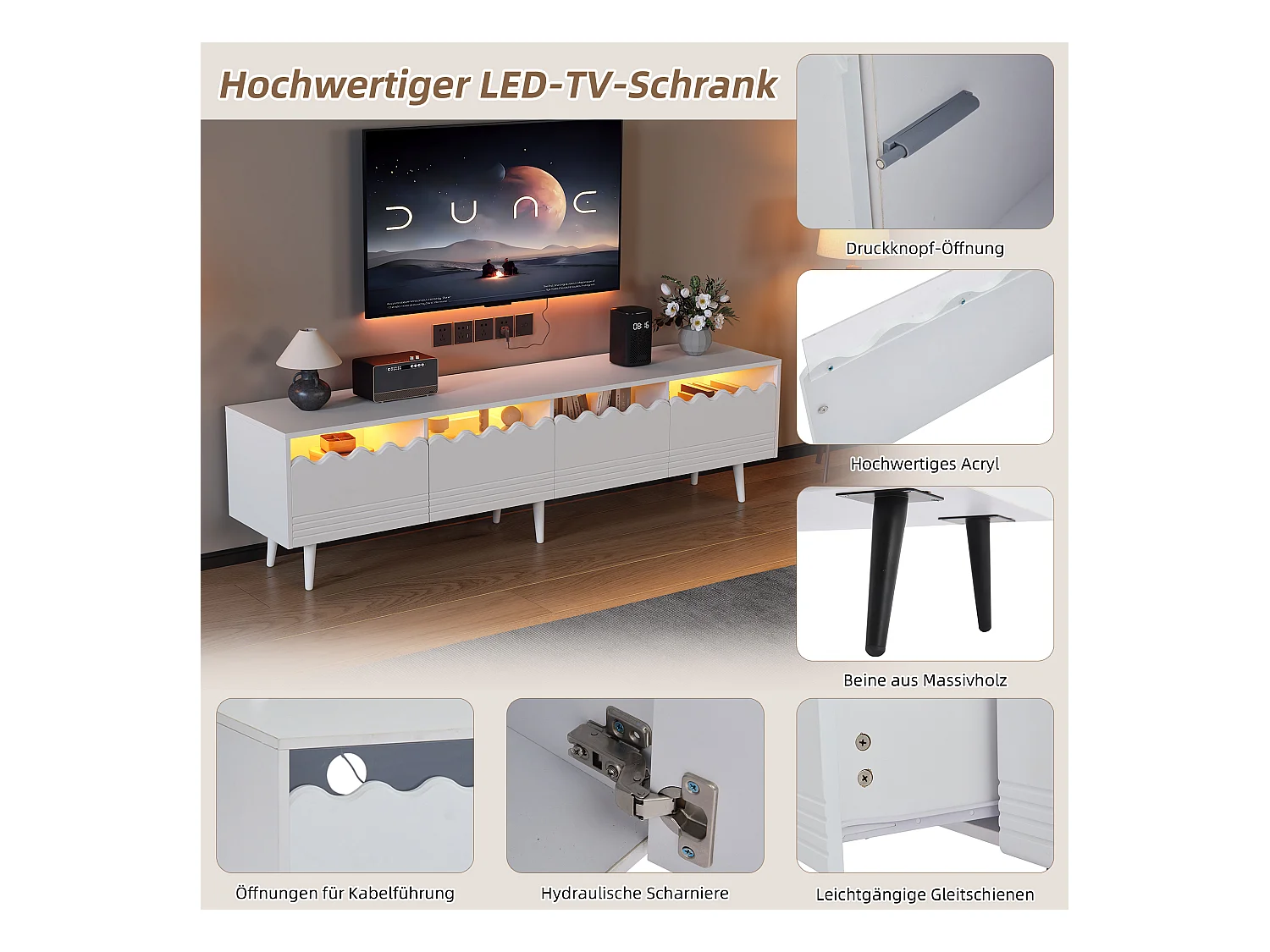 Meuble TV - 176 x 38 x 45 cm - avec Leds + 2 tiroirs + 2 portes - pour TV 75 pouces - Aggloméré + verre trempé - blanc