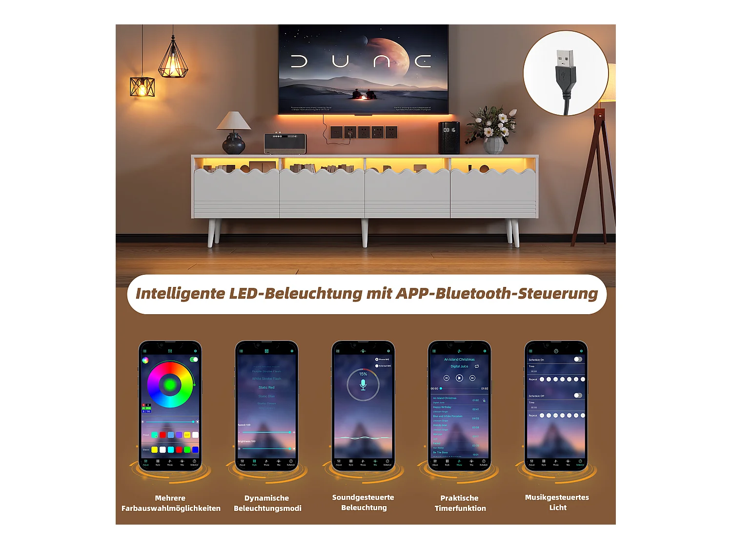 Meuble TV - 176 x 38 x 45 cm - avec Leds + 2 tiroirs + 2 portes - pour TV 75 pouces - Aggloméré + verre trempé - blanc