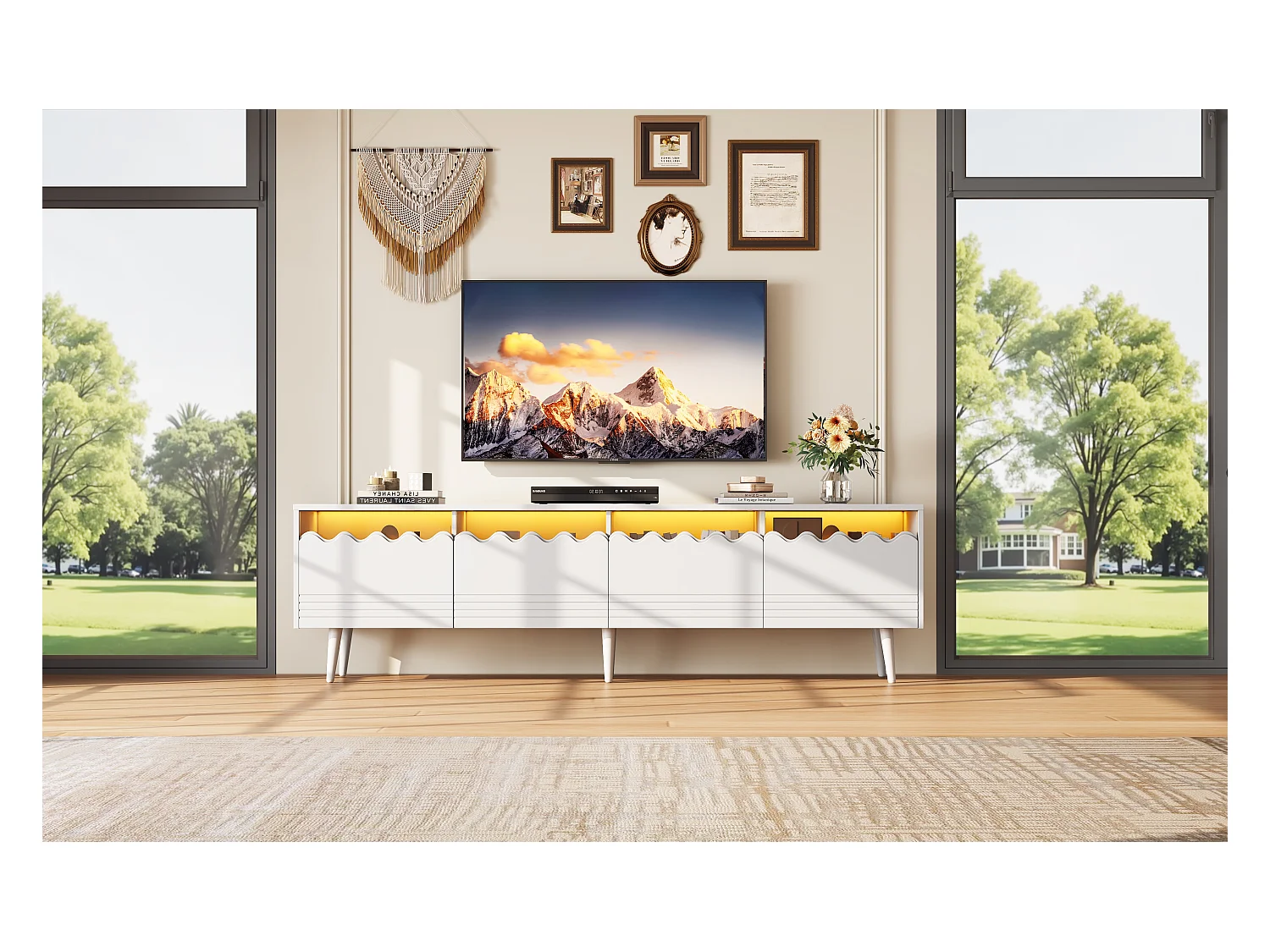 Meuble TV - 176 x 38 x 45 cm - avec Leds + 2 tiroirs + 2 portes - pour TV 75 pouces - Aggloméré + verre trempé - blanc