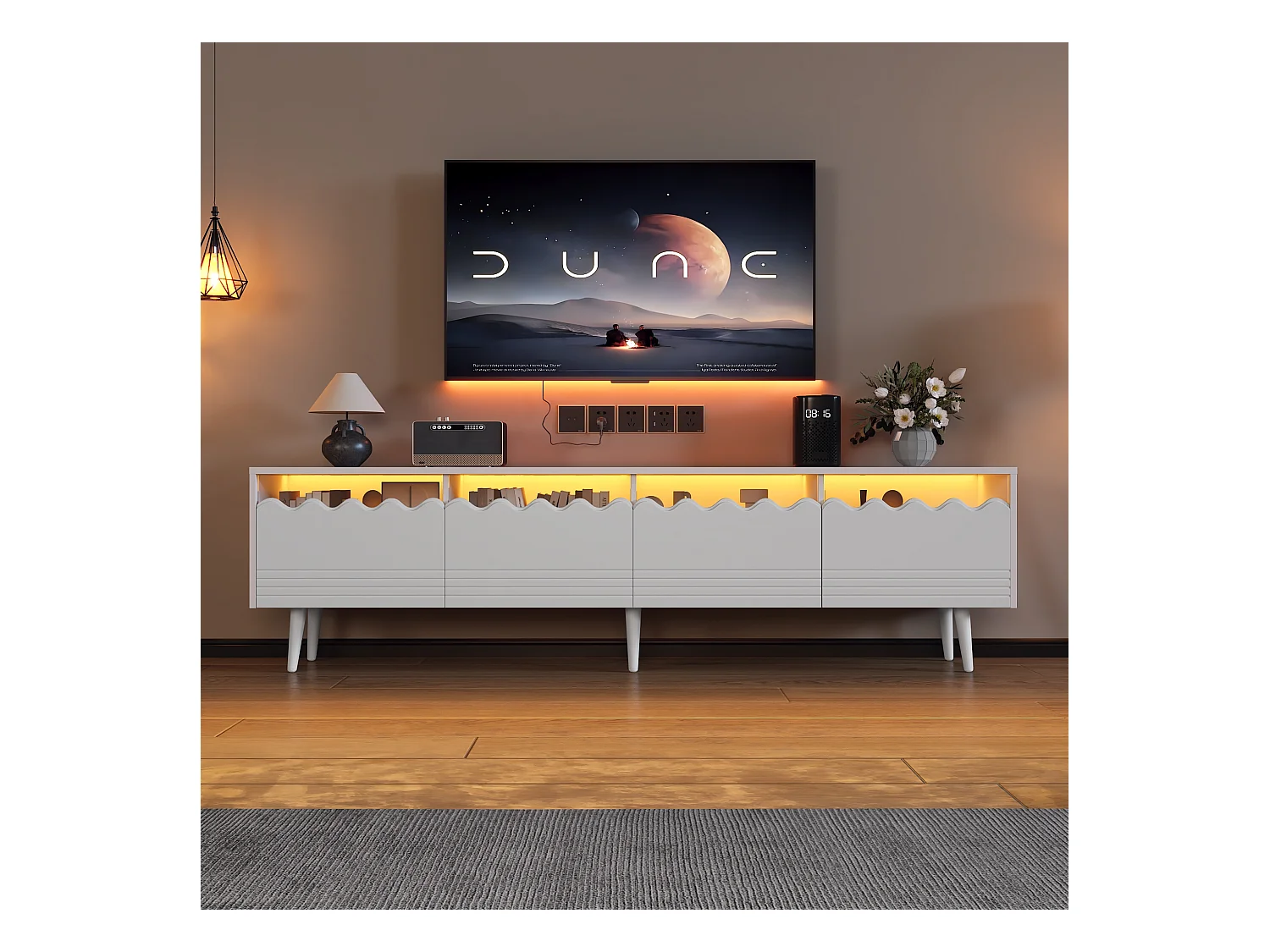 Meuble TV - 176 x 38 x 45 cm - avec Leds + 2 tiroirs + 2 portes - pour TV 75 pouces - Aggloméré + verre trempé - blanc