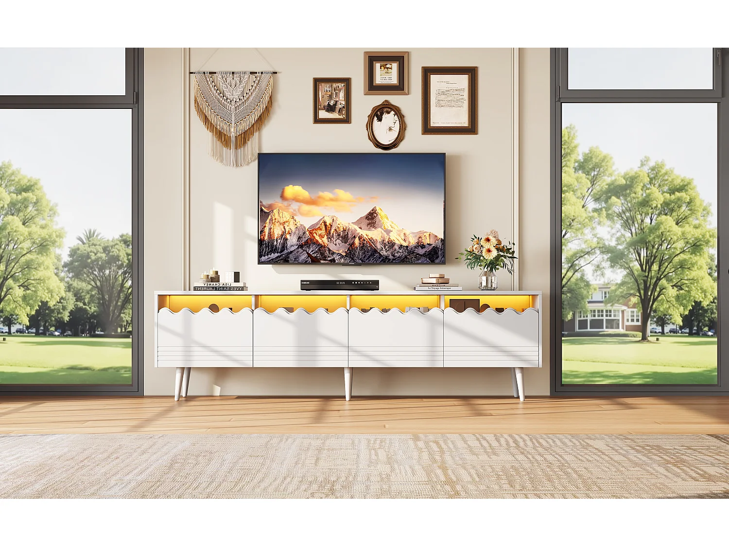 Mueble de TV - 176 x 38 x 45 cm - con LEDs + 2 cajones + 2 puertas - para TV de 75 pulgadas - Aglomerado + cristal templado - blanco