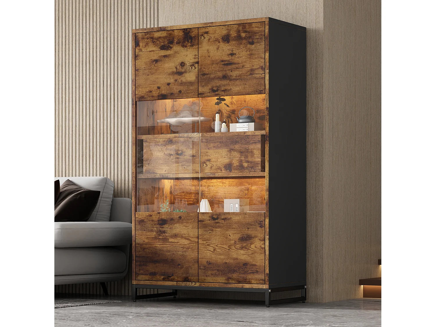 Standvitrine - 80 x 40 x 138 cm - mit LEDs + 2 Schubladen + 2 Türen - MDF - natur