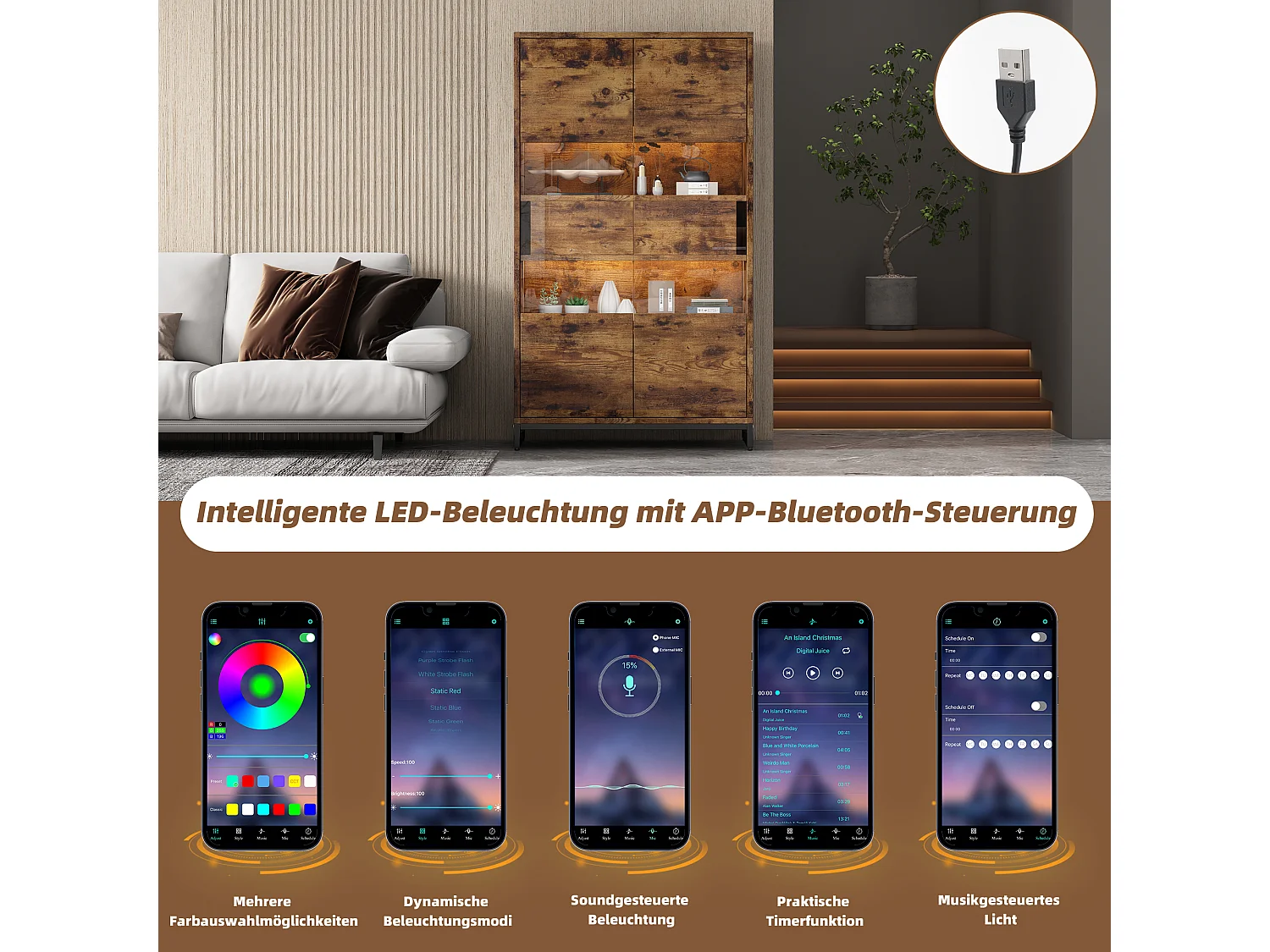 Standvitrine - 80 x 40 x 138 cm - mit LEDs + 2 Schubladen + 2 Türen - MDF - natur