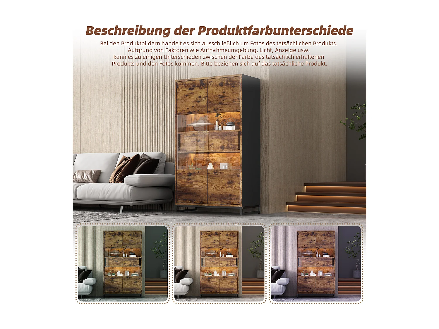 Standvitrine - 80 x 40 x 138 cm - mit LEDs + 2 Schubladen + 2 Türen - MDF - natur