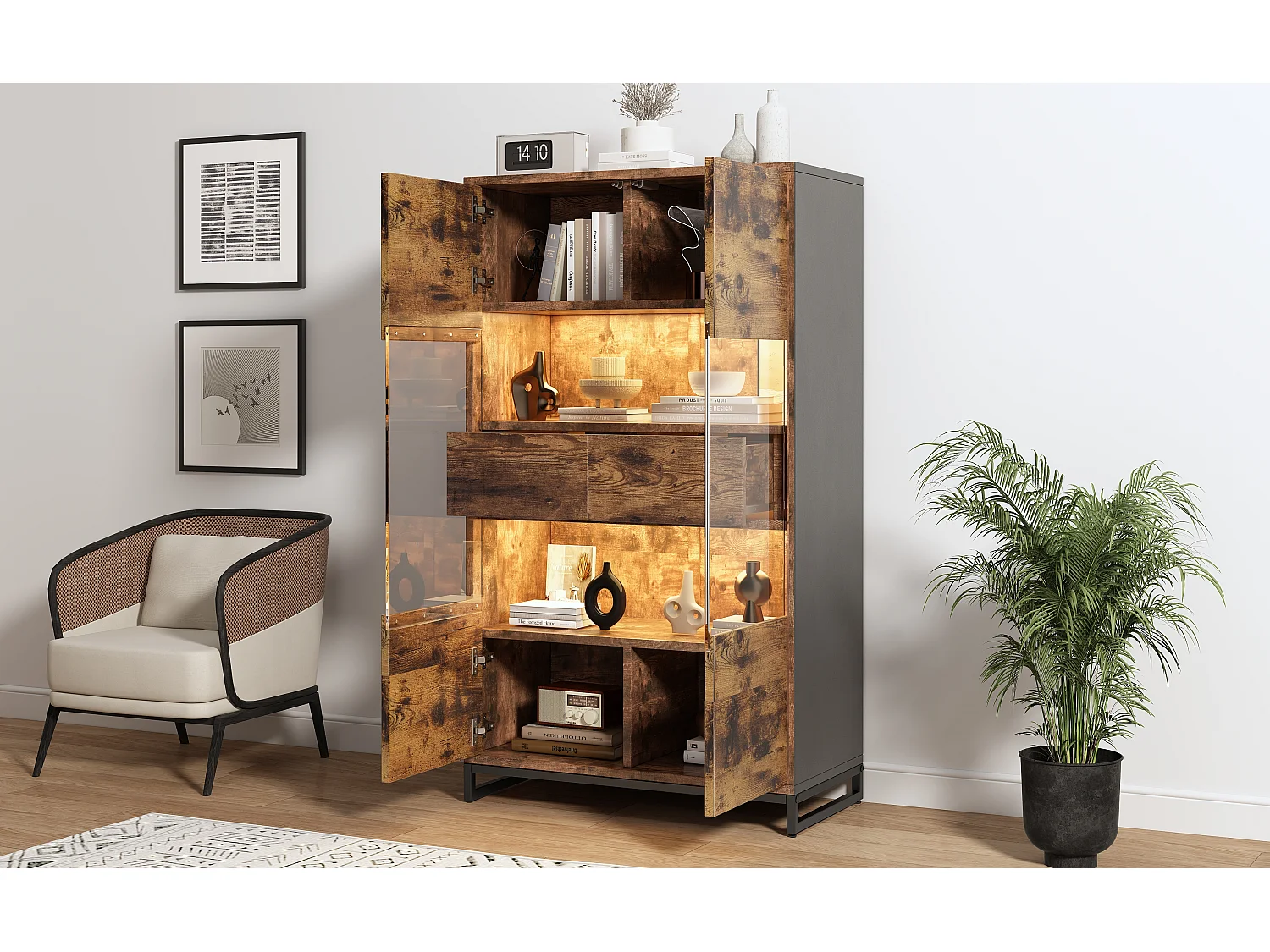 Standvitrine - 80 x 40 x 138 cm - mit LEDs + 2 Schubladen + 2 Türen - MDF - natur