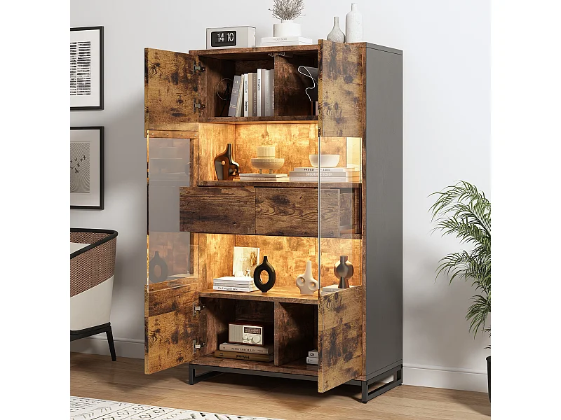 Standvitrine - 80 x 40 x 138 cm - mit LEDs + 2 Schubladen + 2 Türen - MDF - natur