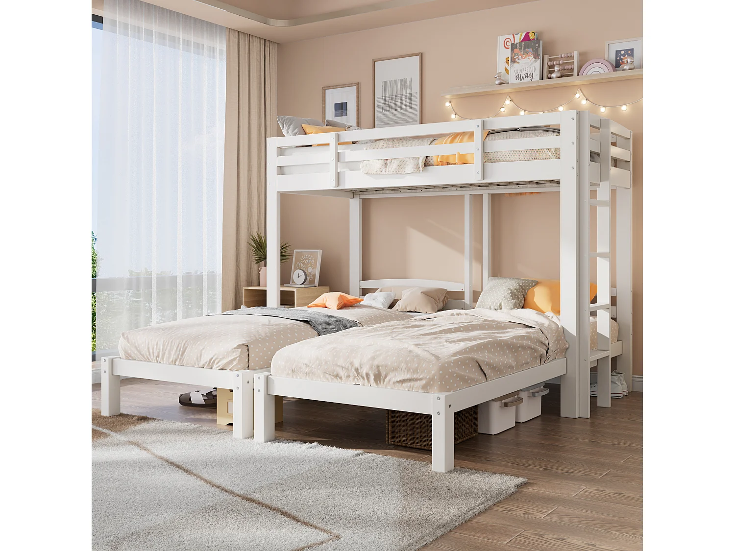 Letto a castello triplo - 3 x 90 x 200 cm - con scaletta laterale per bambini e ragazzi - Legno - Bianco