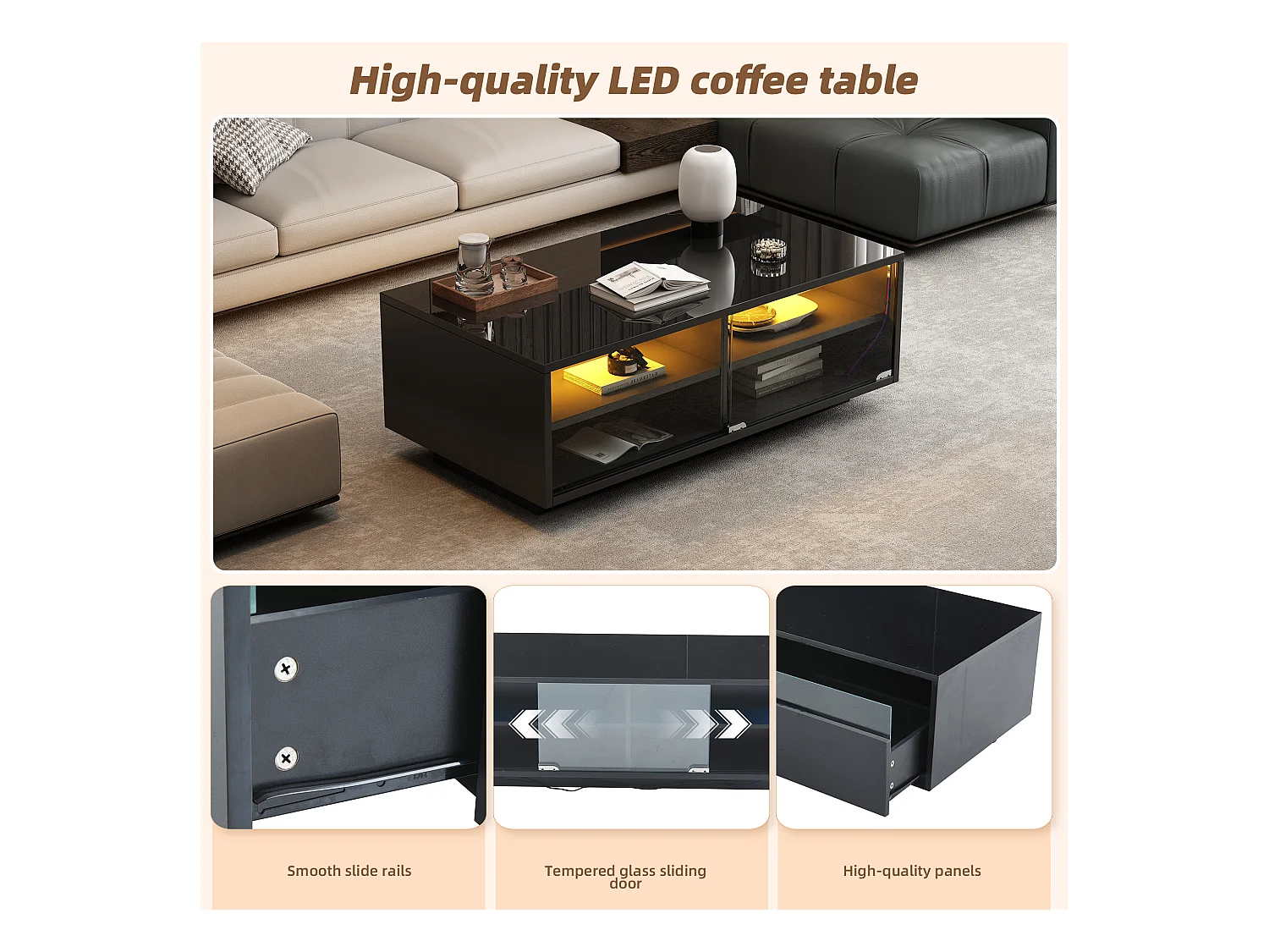 Table basse brillante - 94 x 50 x 34 cm - avec 2 tiroirs + rangement + porte vitrée - aggloméré - noir