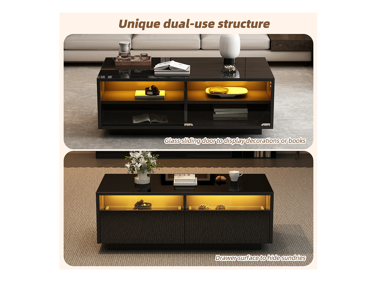 Table basse brillante - 94 x 50 x 34 cm - avec 2 tiroirs + rangement + porte vitrée - aggloméré - noir