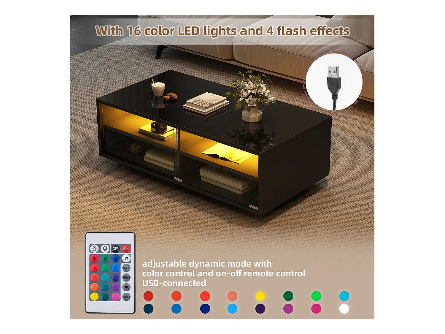 Table basse brillante - 94 x 50 x 34 cm - avec 2 tiroirs + rangement + porte vitrée - aggloméré - noir